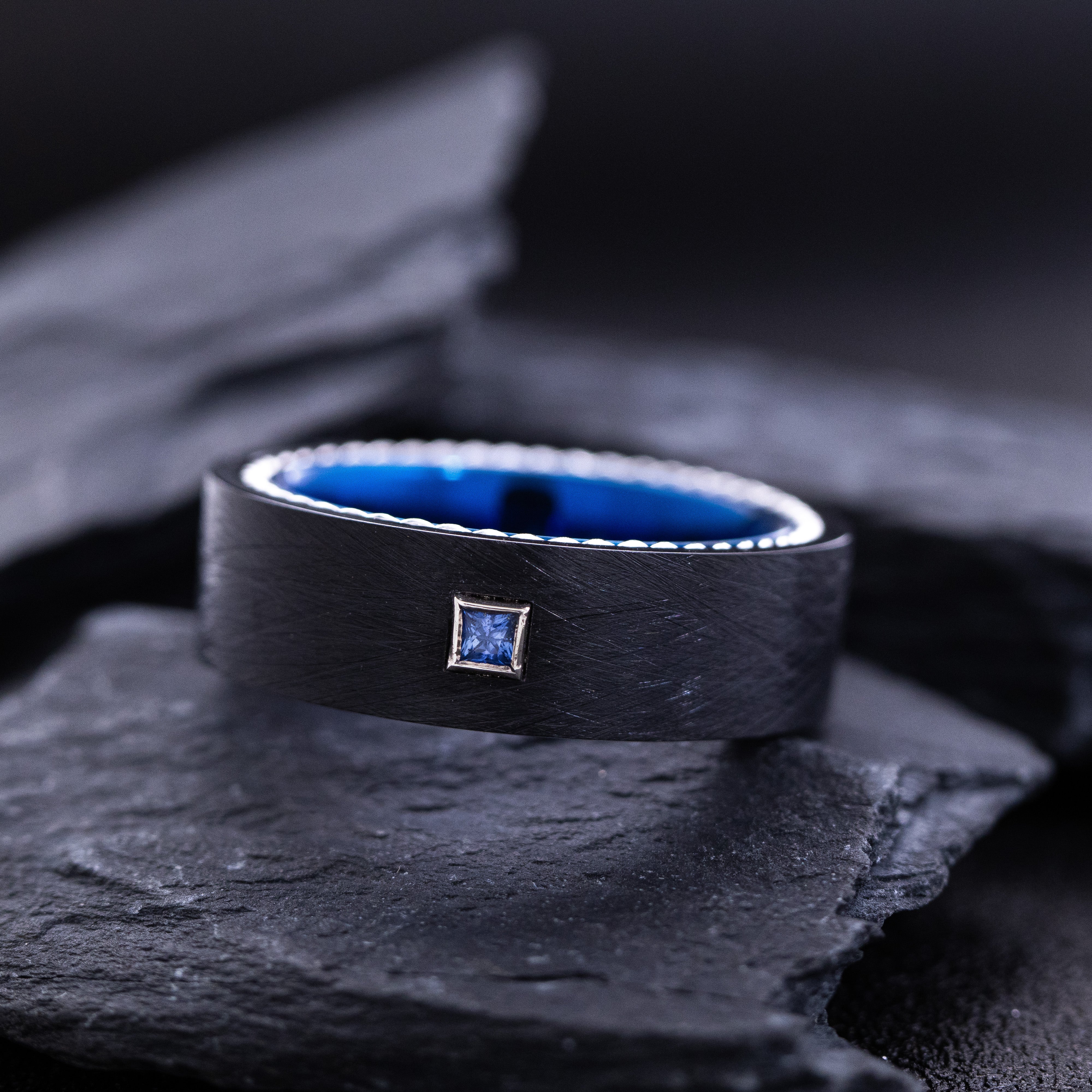 8mm Flat Blue and Black Tungsten Carbide Ring with Gemstone and Twisted Rope Edges