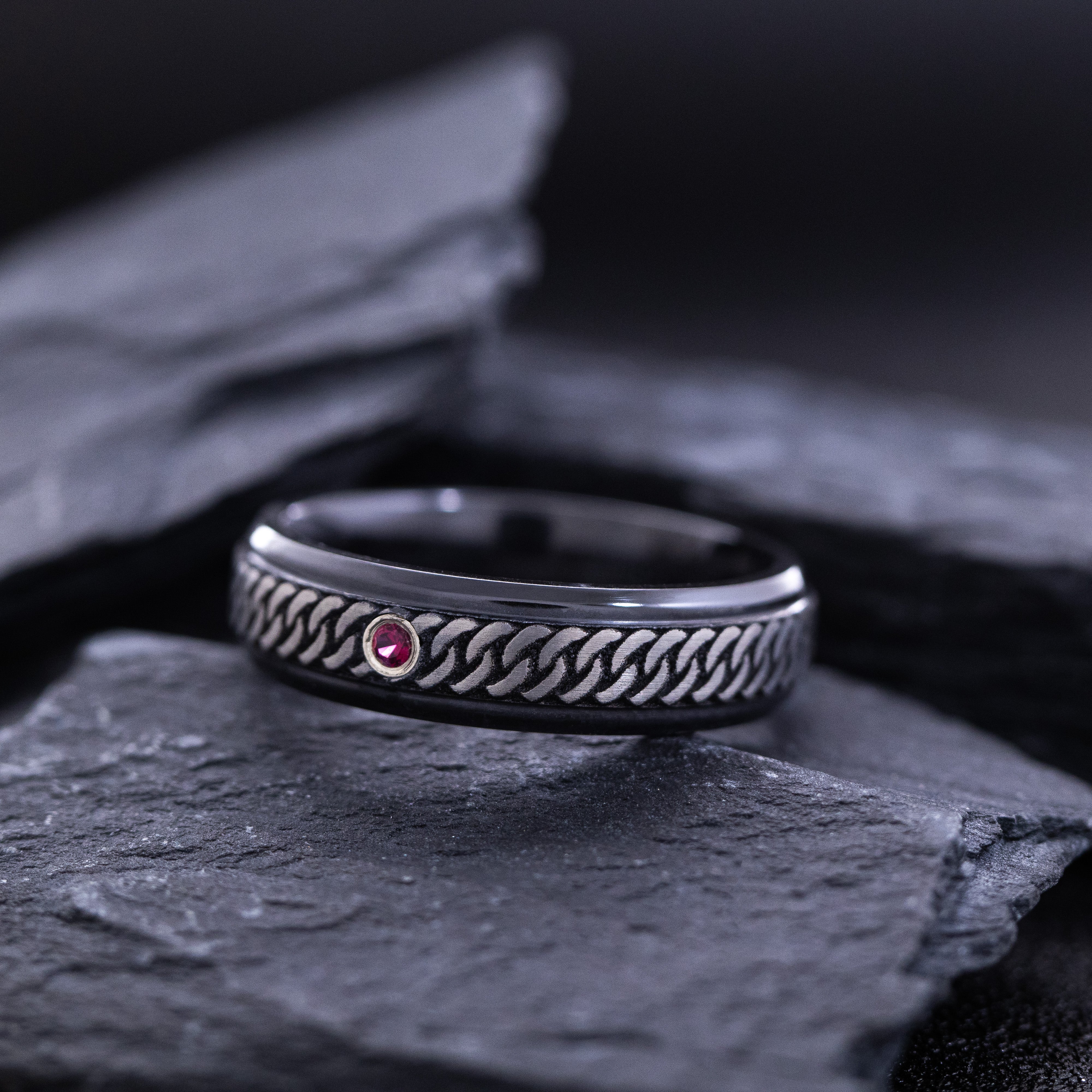 6mm Black Zirconium Ring with Engraved Celtic Knot and Round Cut Birthstone