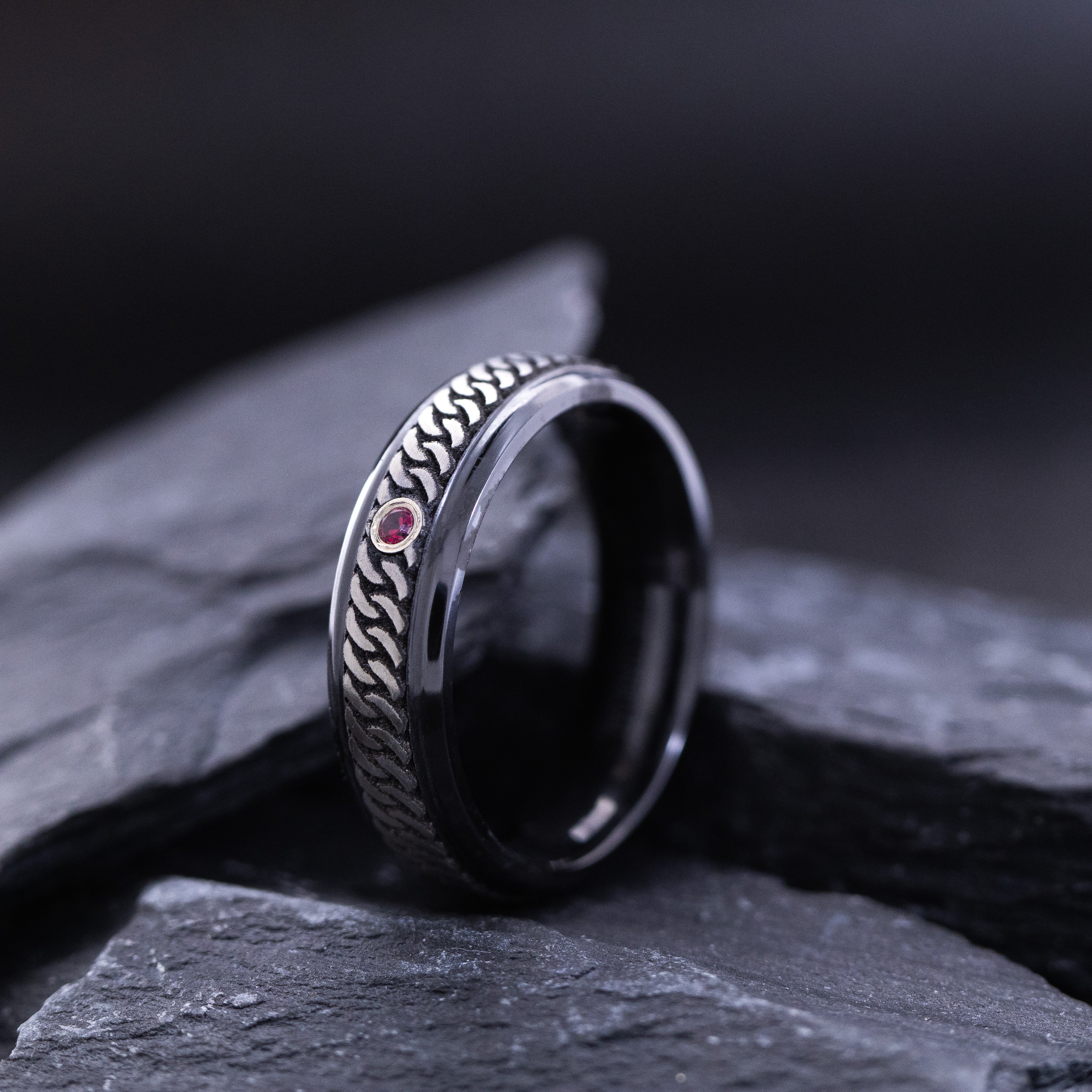 6mm Black Zirconium Ring with Engraved Celtic Knot and Round Cut Birthstone