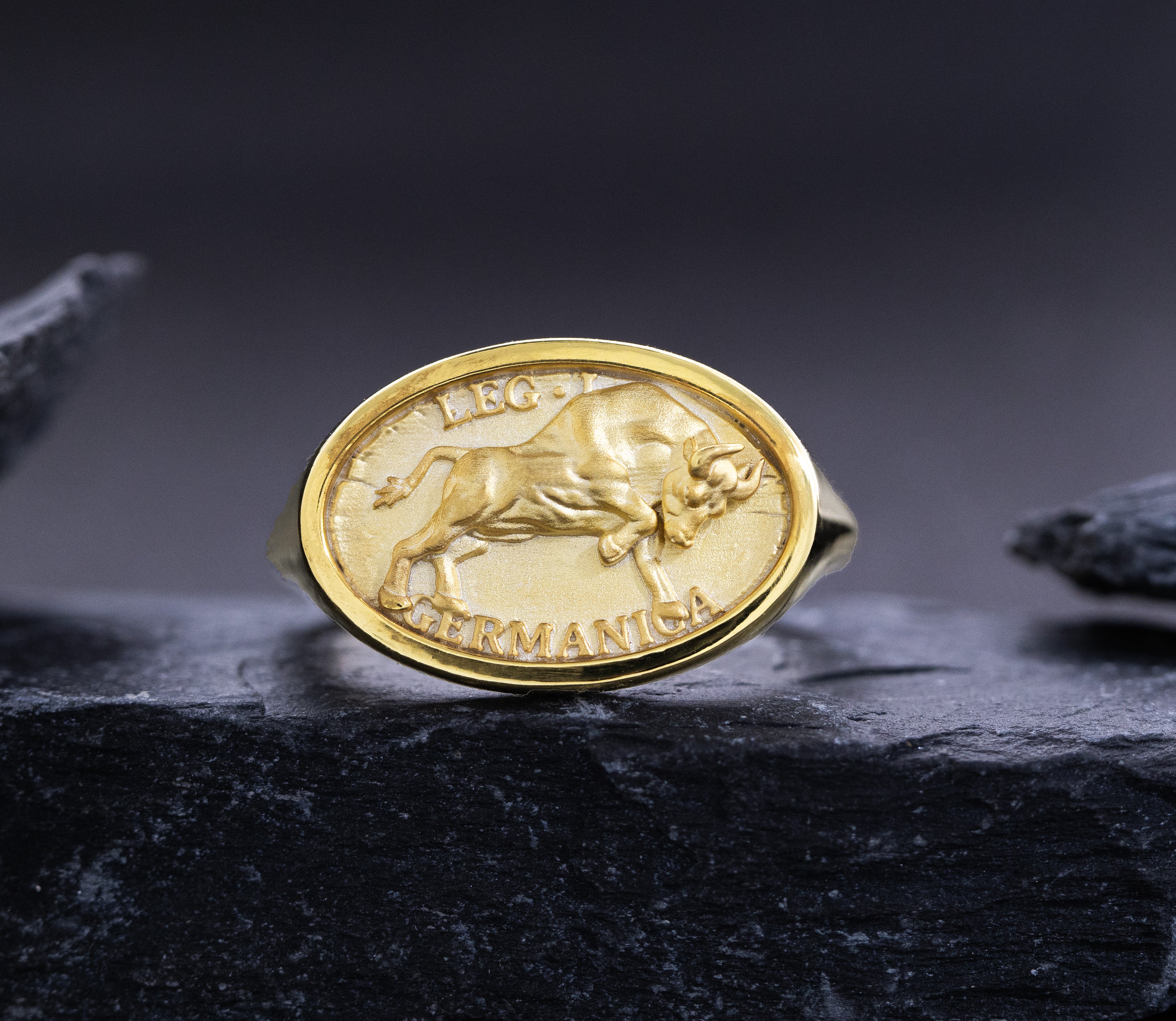 Ancient Roman Signet Ring, 14k Solid Yellow Gold Ring with Legio I Germanica Banner