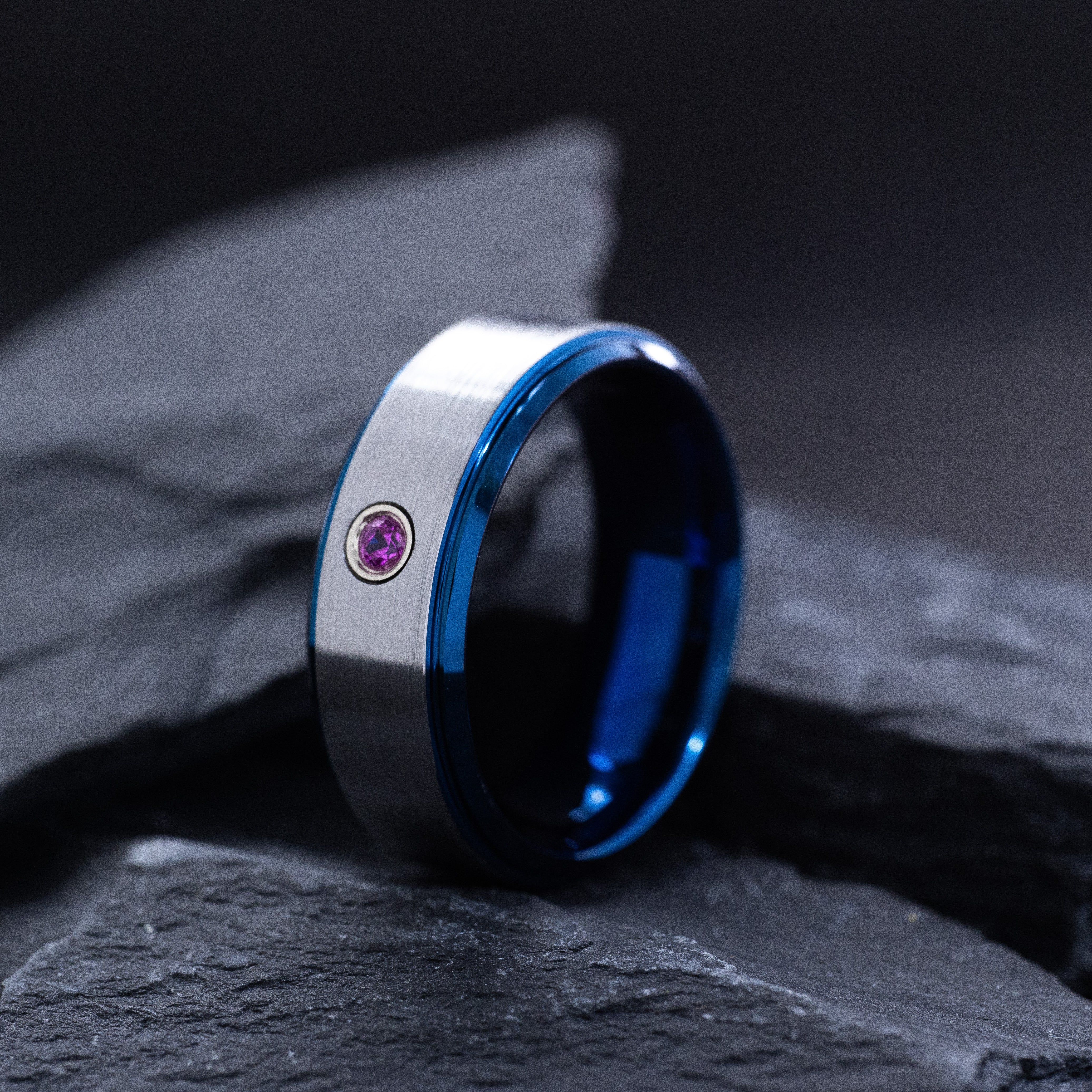8mm Blue and Silver Tungsten Carbide Ring with Birthstone
