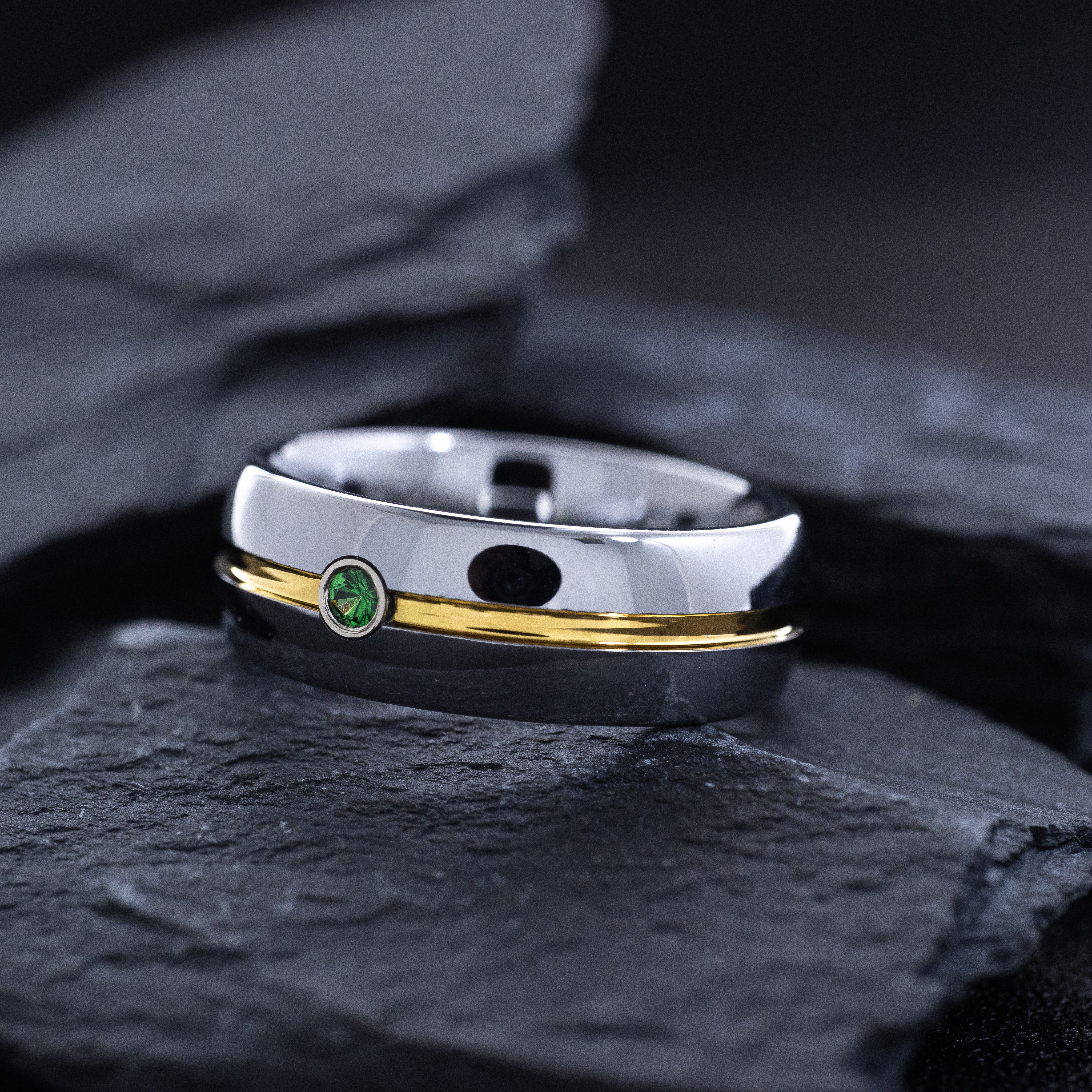8mm Silver Tungsten Carbide Ring with Yellow Gold Plated Groove and Gemstone
