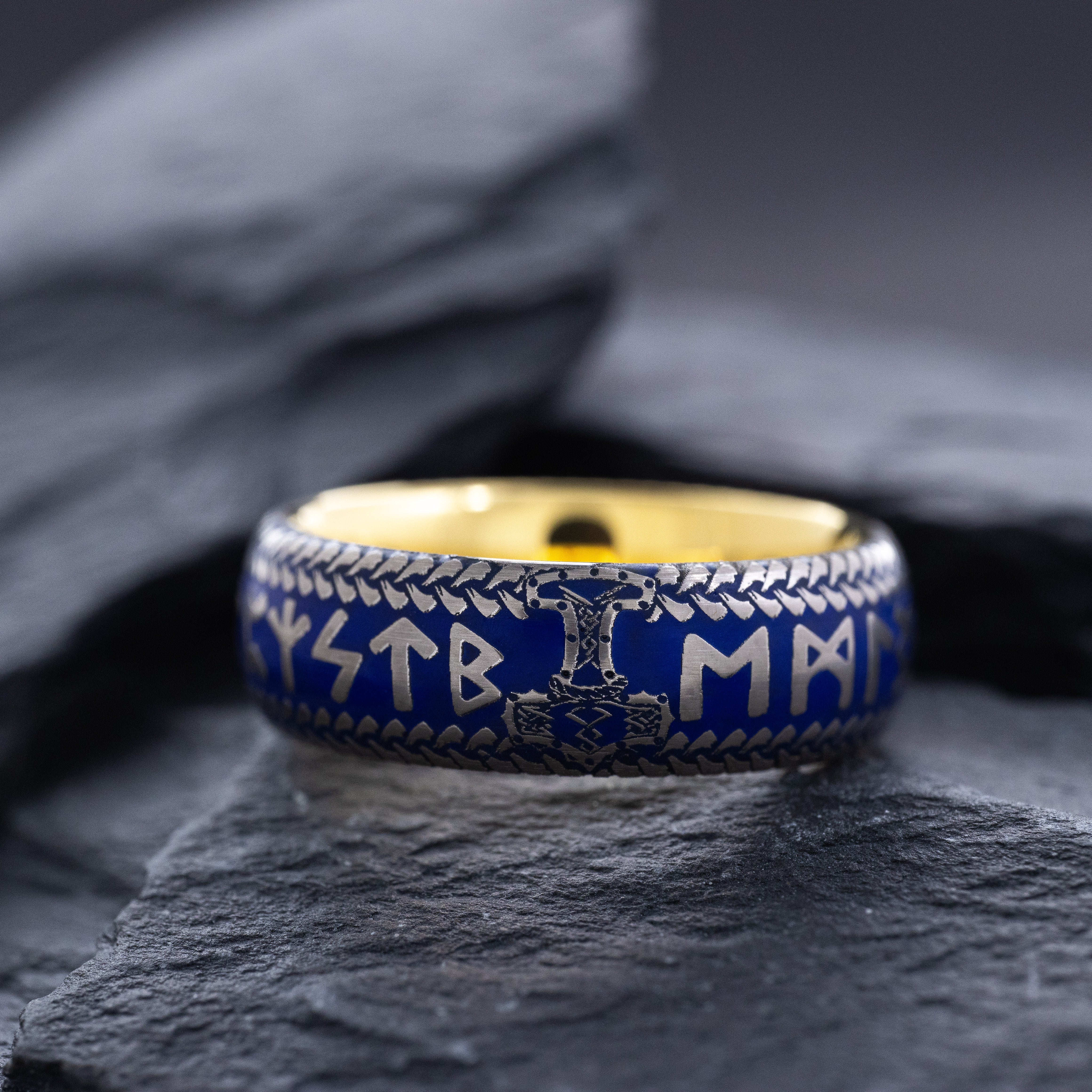 Blue Enamel Viking Norse Tungsten Carbide Ring, 8mm Yellow Gold Plated Band with Thor's Hammer and Nordic Runes Engravings and Custom Enamel