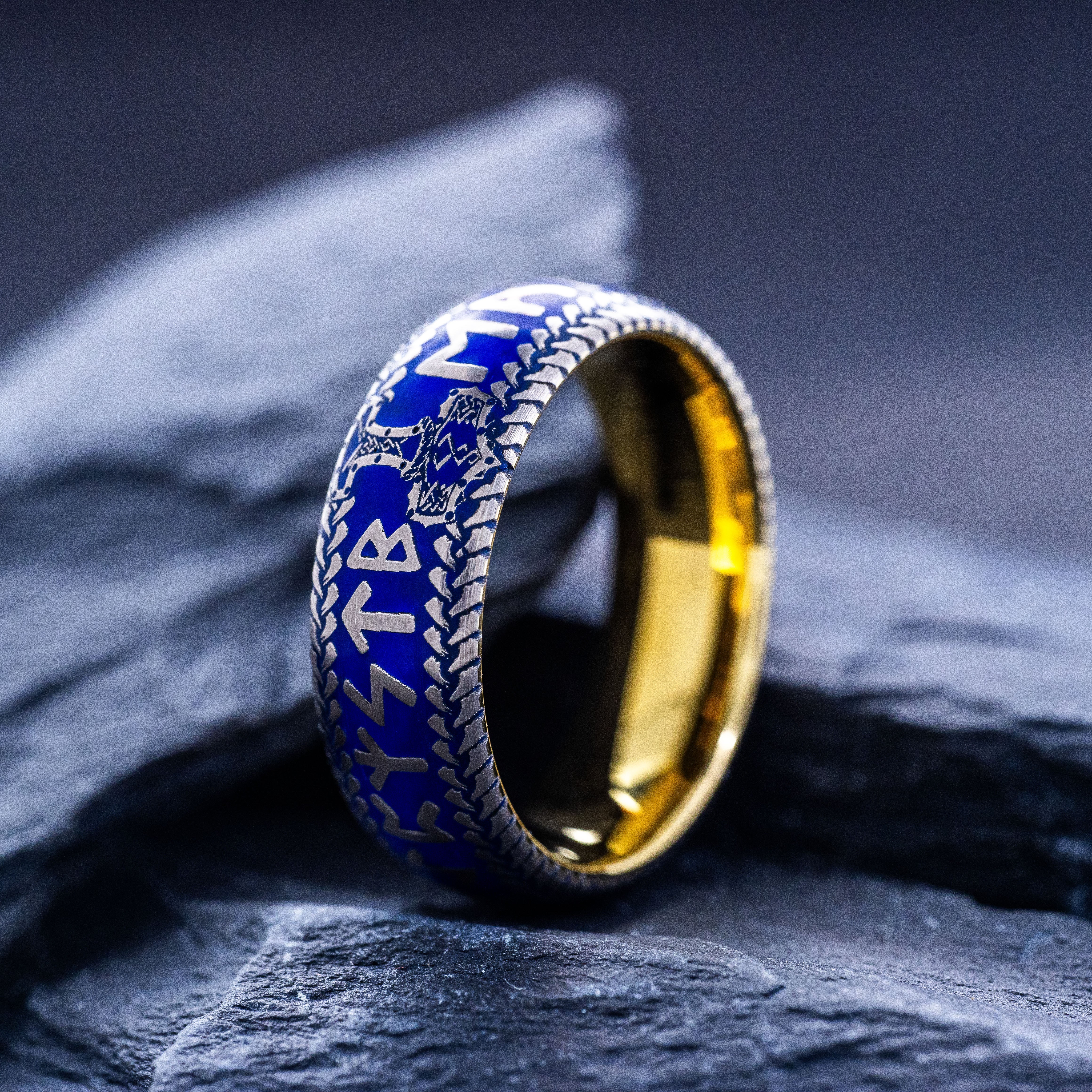 Blue Enamel Viking Norse Tungsten Carbide Ring, 8mm Yellow Gold Plated Band with Thor's Hammer and Nordic Runes Engravings and Custom Enamel
