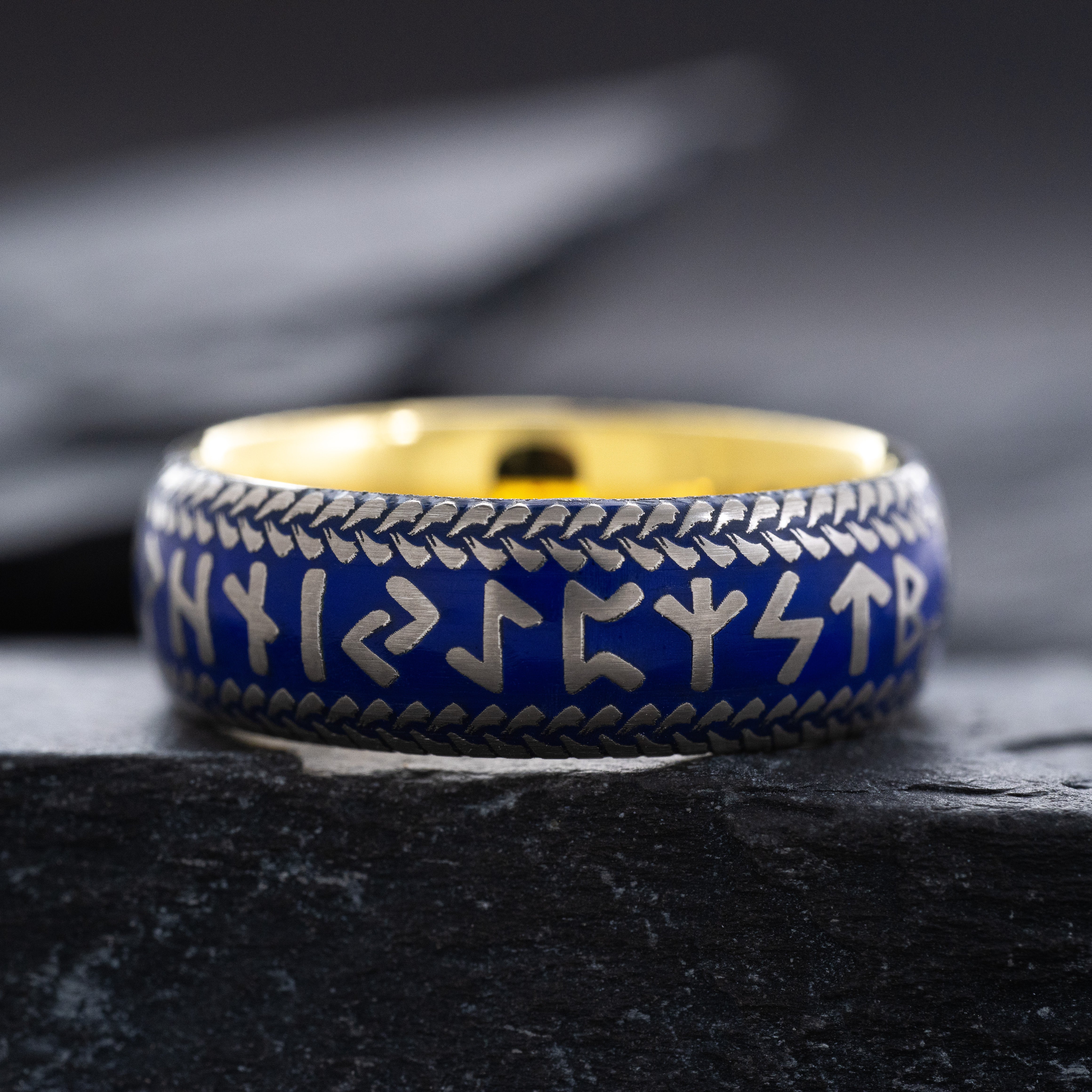 Blue Enamel Viking Norse Tungsten Carbide Ring, 8mm Yellow Gold Plated Band with Thor's Hammer and Nordic Runes Engravings and Custom Enamel