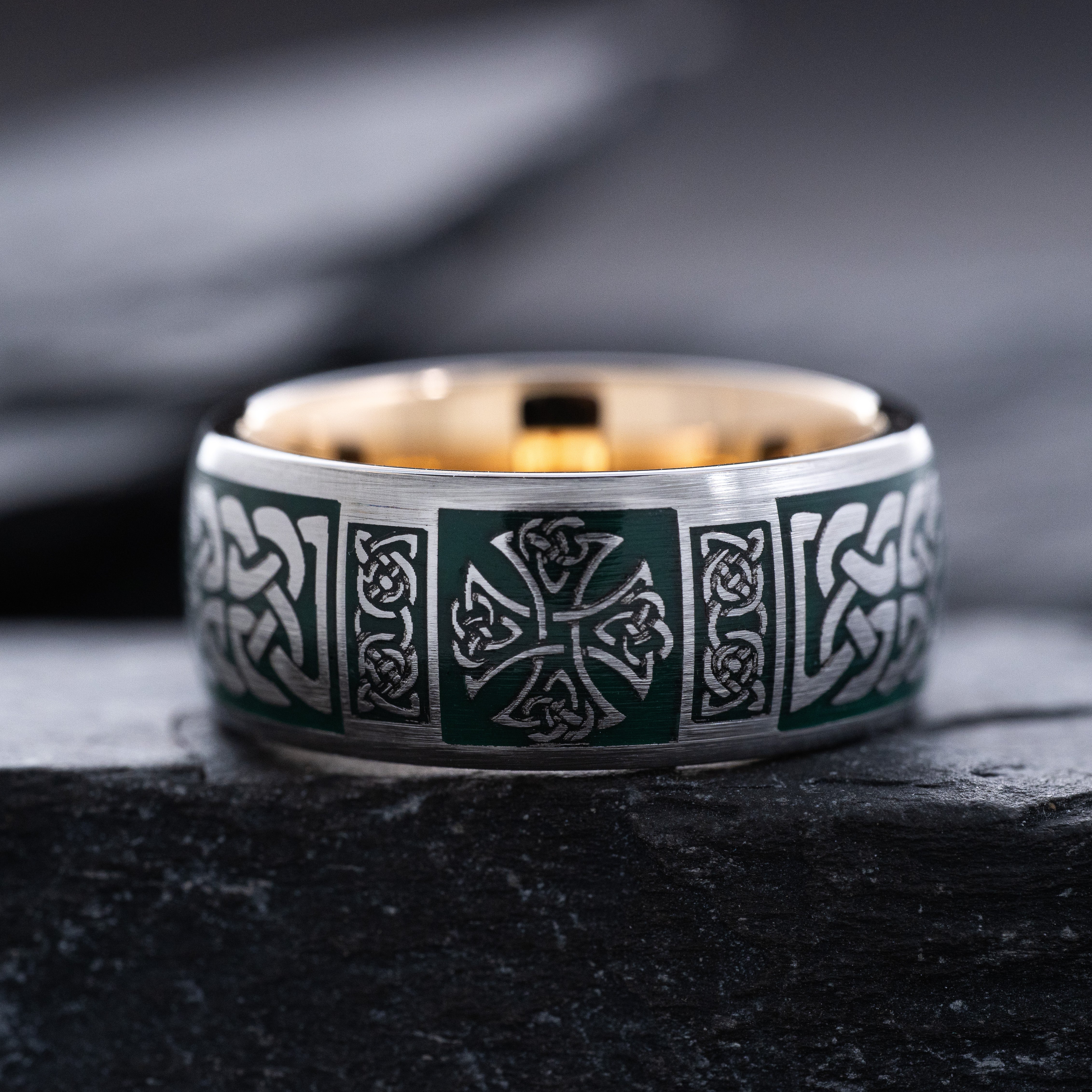 Dark Green Enamel Celtic Tungsten Carbide Ring, 9mm Rose Gold Plated Band with Celtic Cross and Knot Engravings