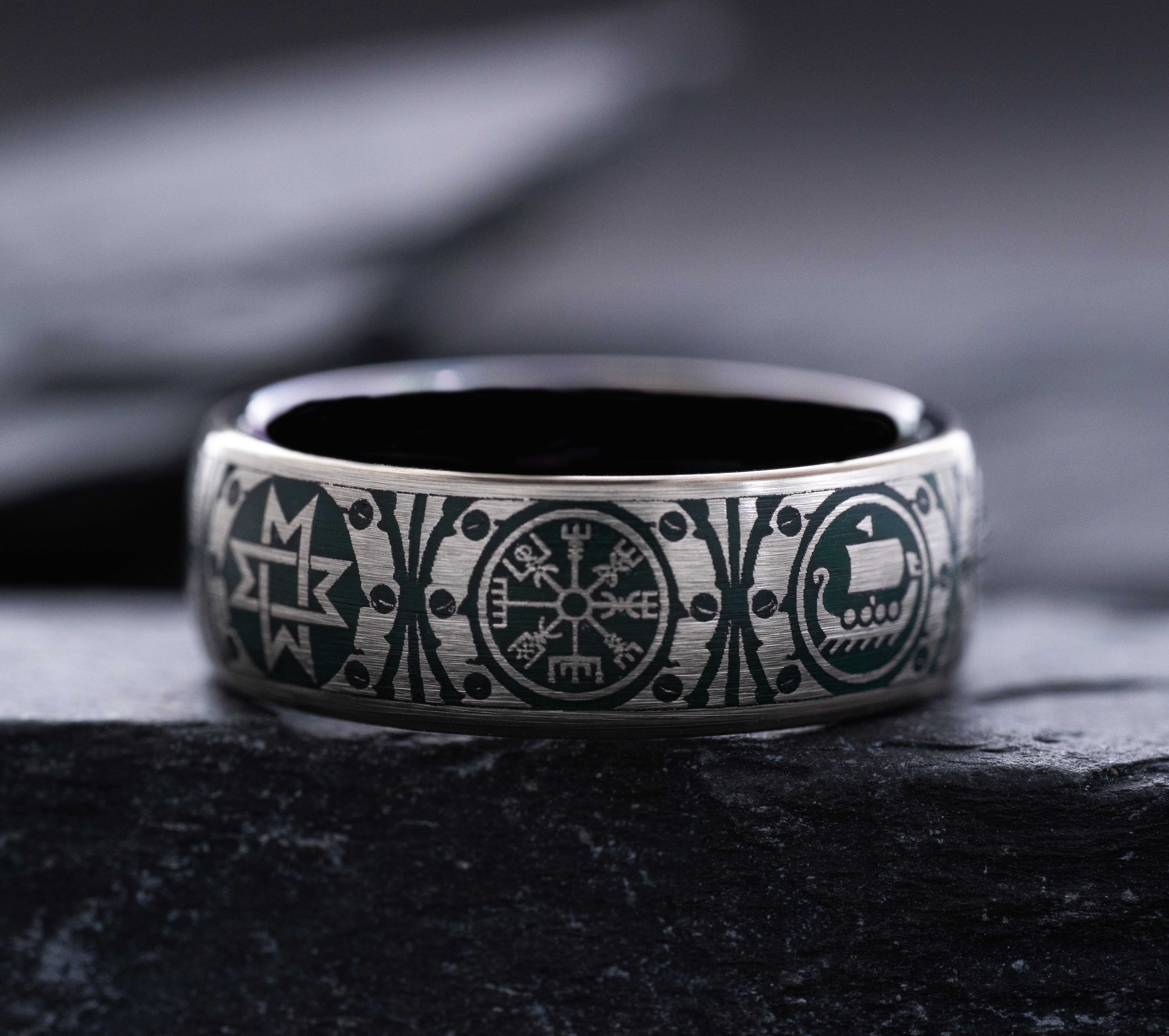 8mm Tantalum Ring with Norse Viking Runes and Blue Enamel