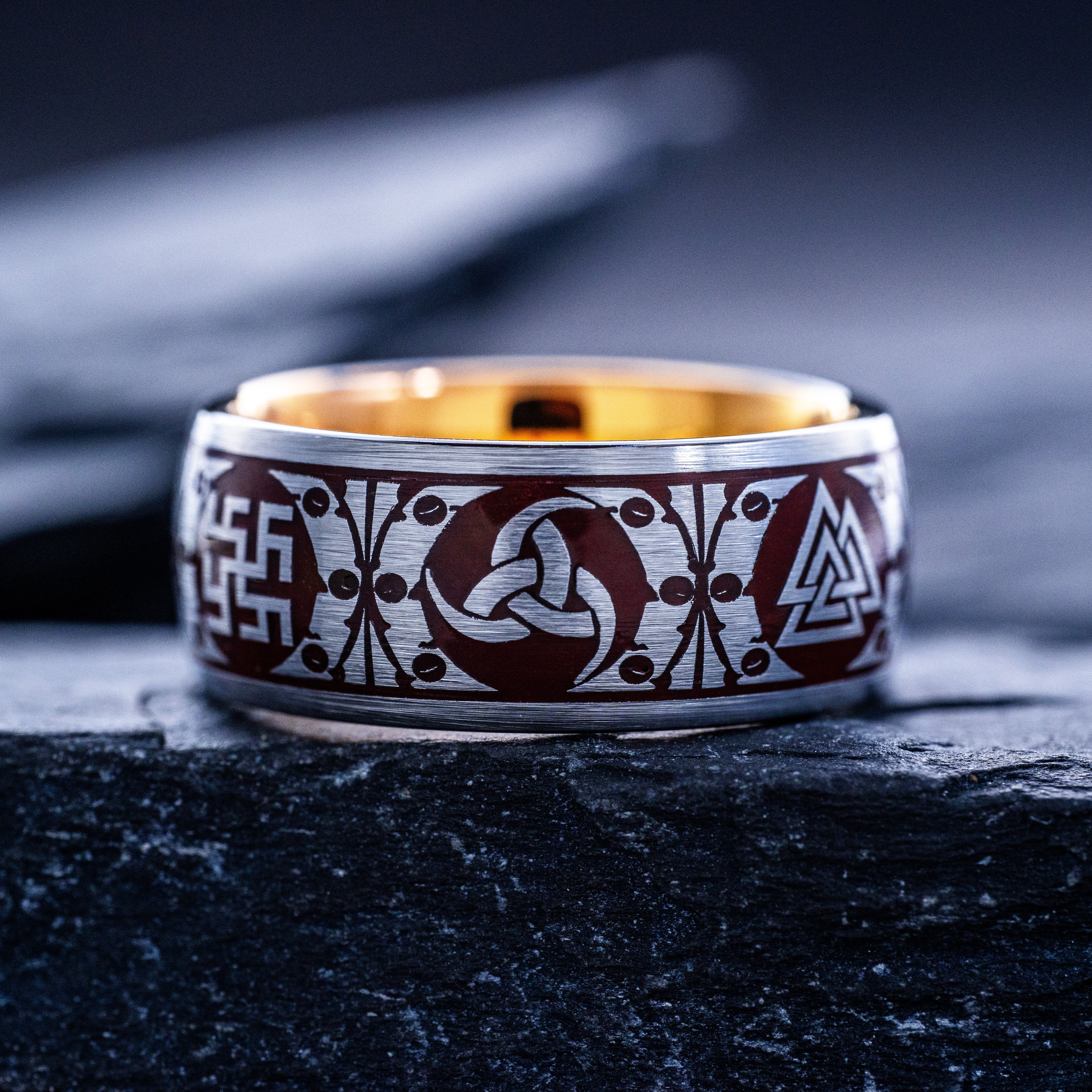 Dark Red Enamel Viking Tungsten Carbide Ring, 9mm Rose Gold Plated Band with Norse Runes and Symbols