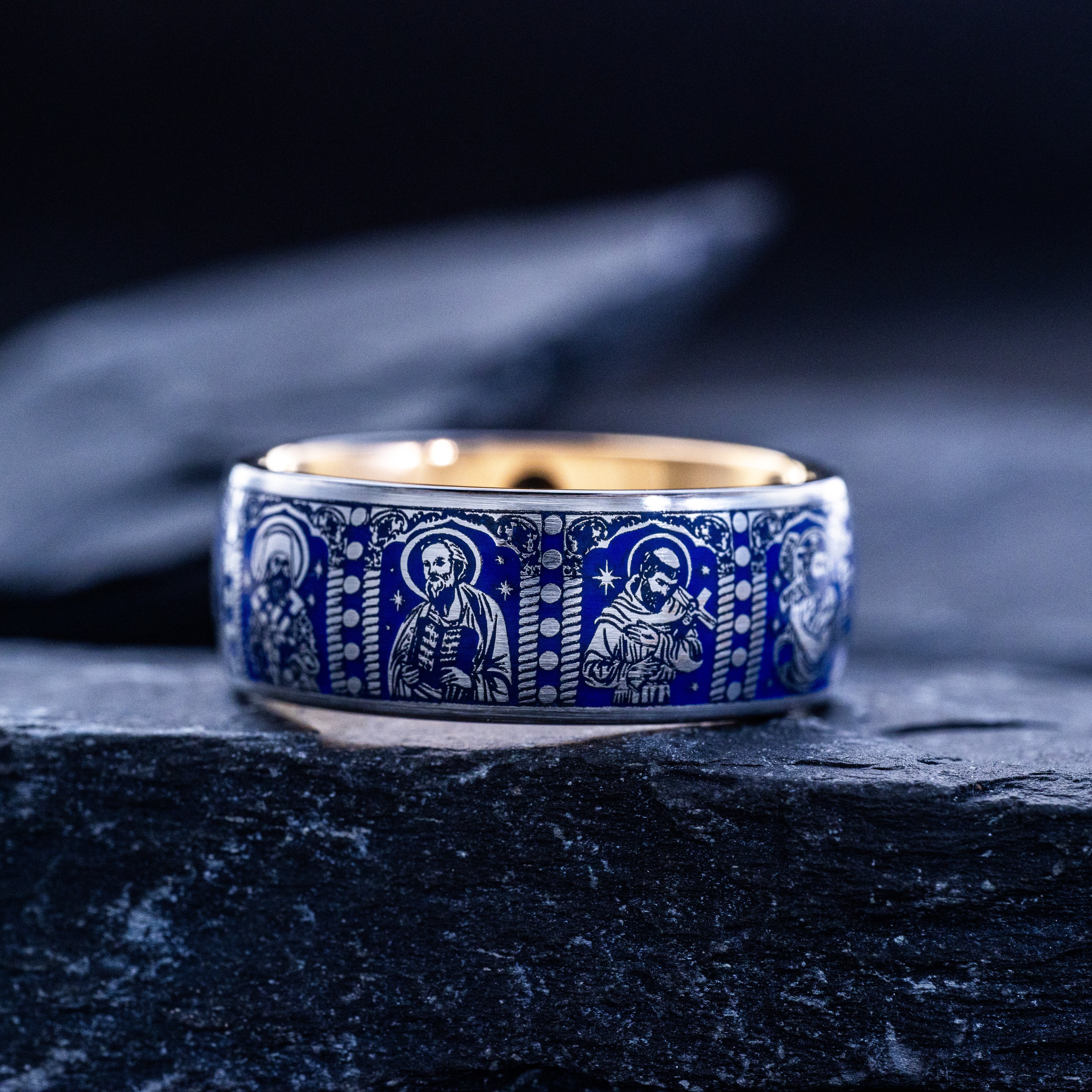 Royal Blue Enamel Christian Saints Ring, 9mm Rose Gold Plated Band with Christ and Several Christian Saints