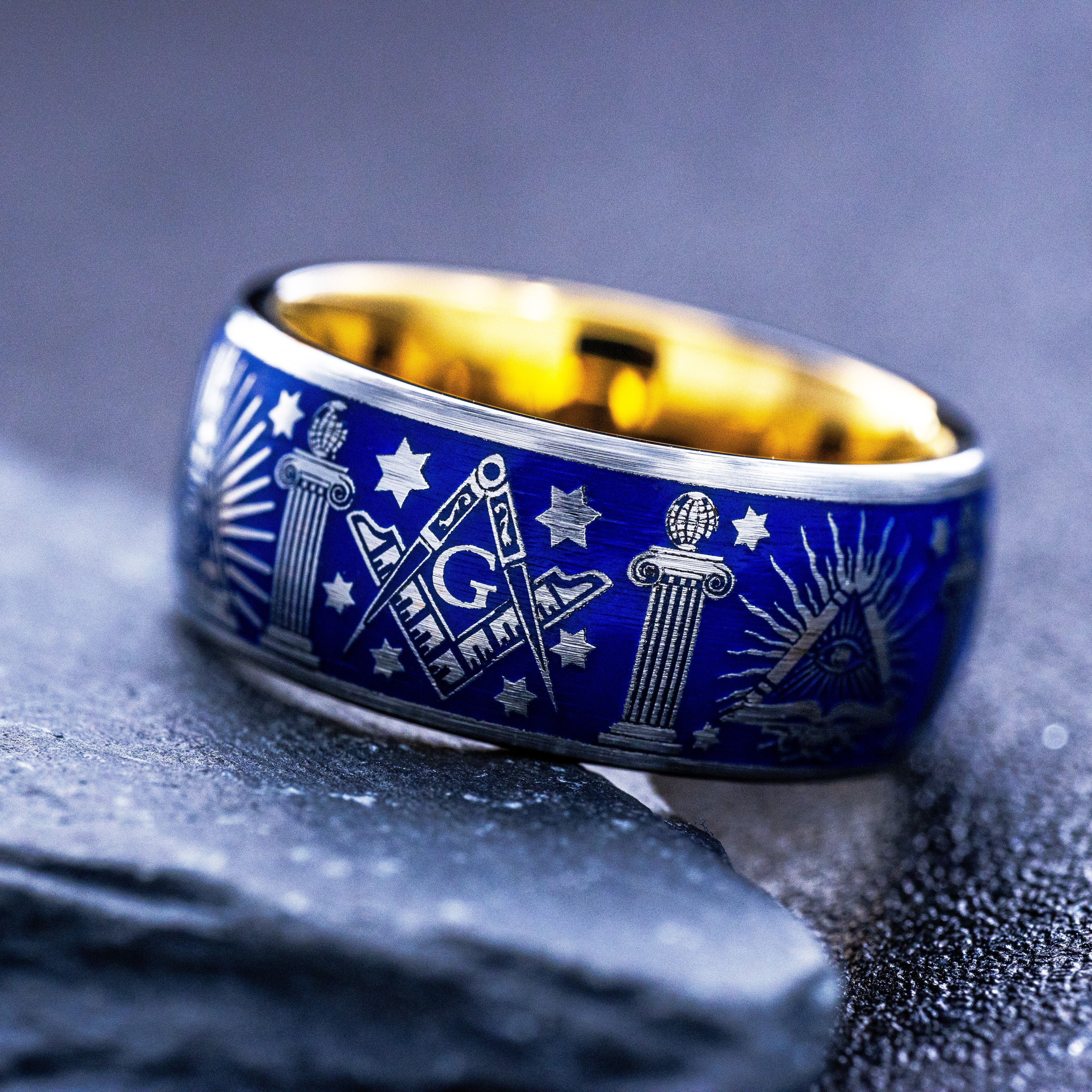 Masonic Tungsten Carbide Ring, 9mm Yellow Gold Plated Band with Masonic Symbols and Blue Enamel