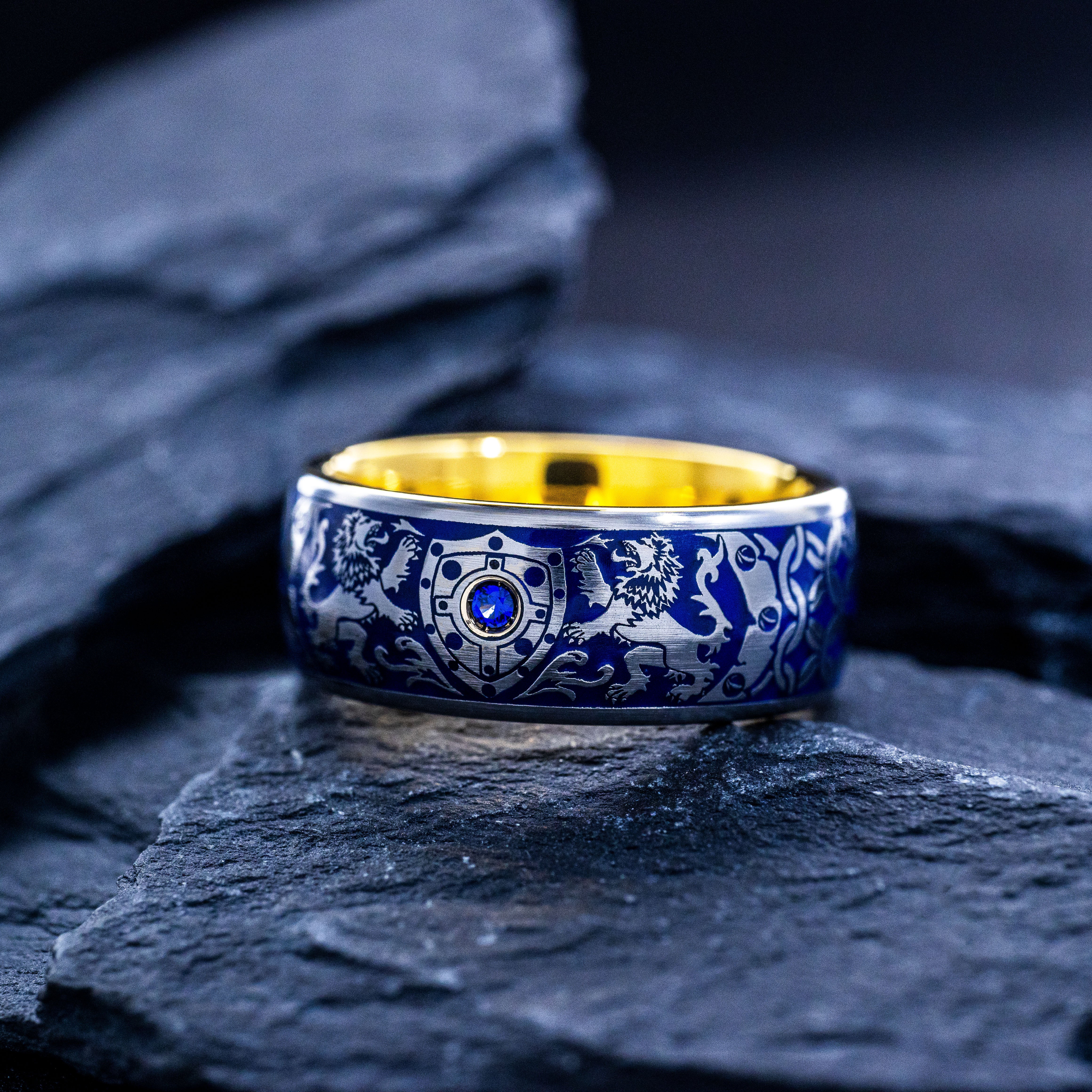 Royal Blue Enamel Ring with Medieval Lions and Shield, 9mm Yellow Gold Plated Band with Gemstone