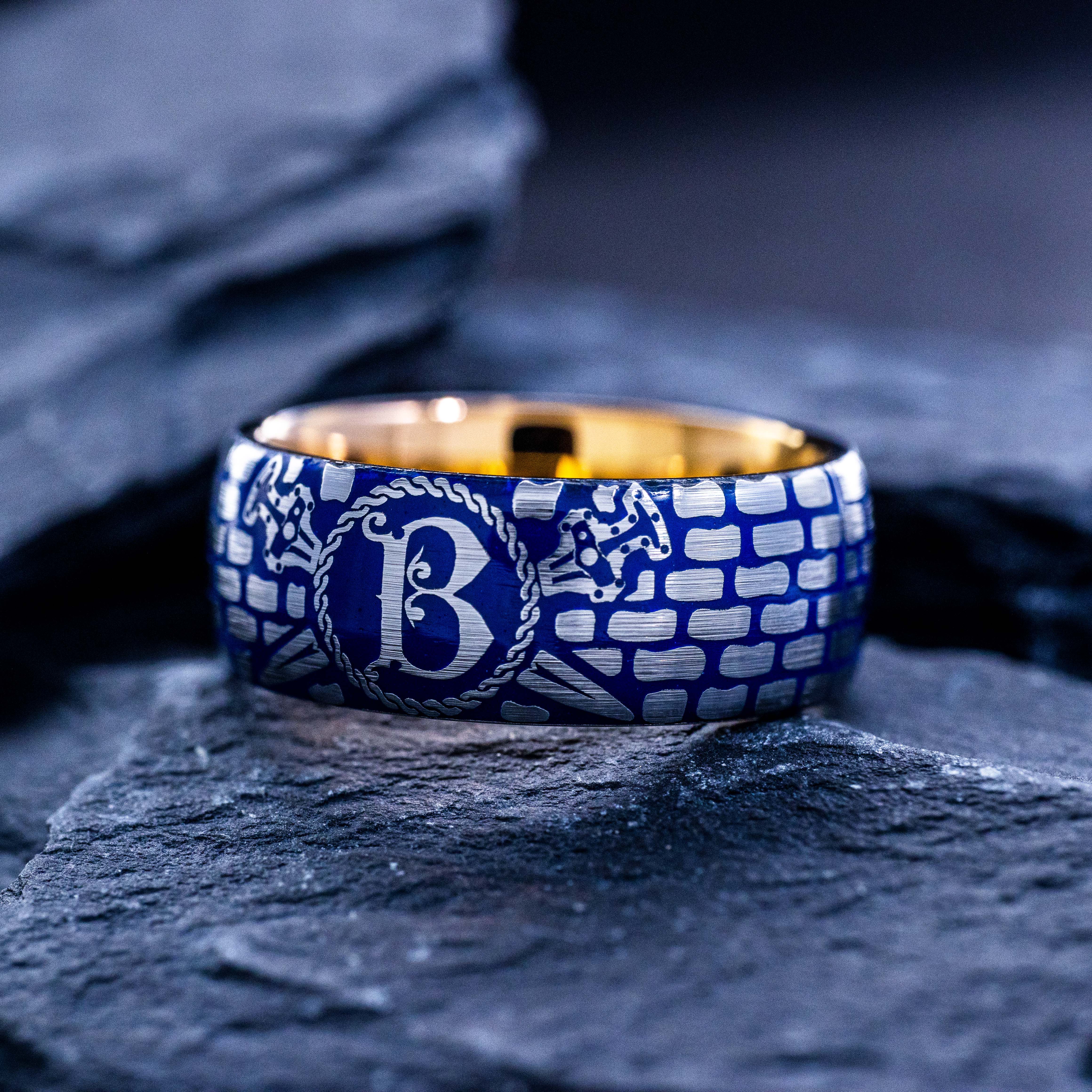 Viking Norse Battle Ring with Personalized Initial and Blue Enamel Ring, 9mm Rose Gold Plated Tungsten Carbide Band