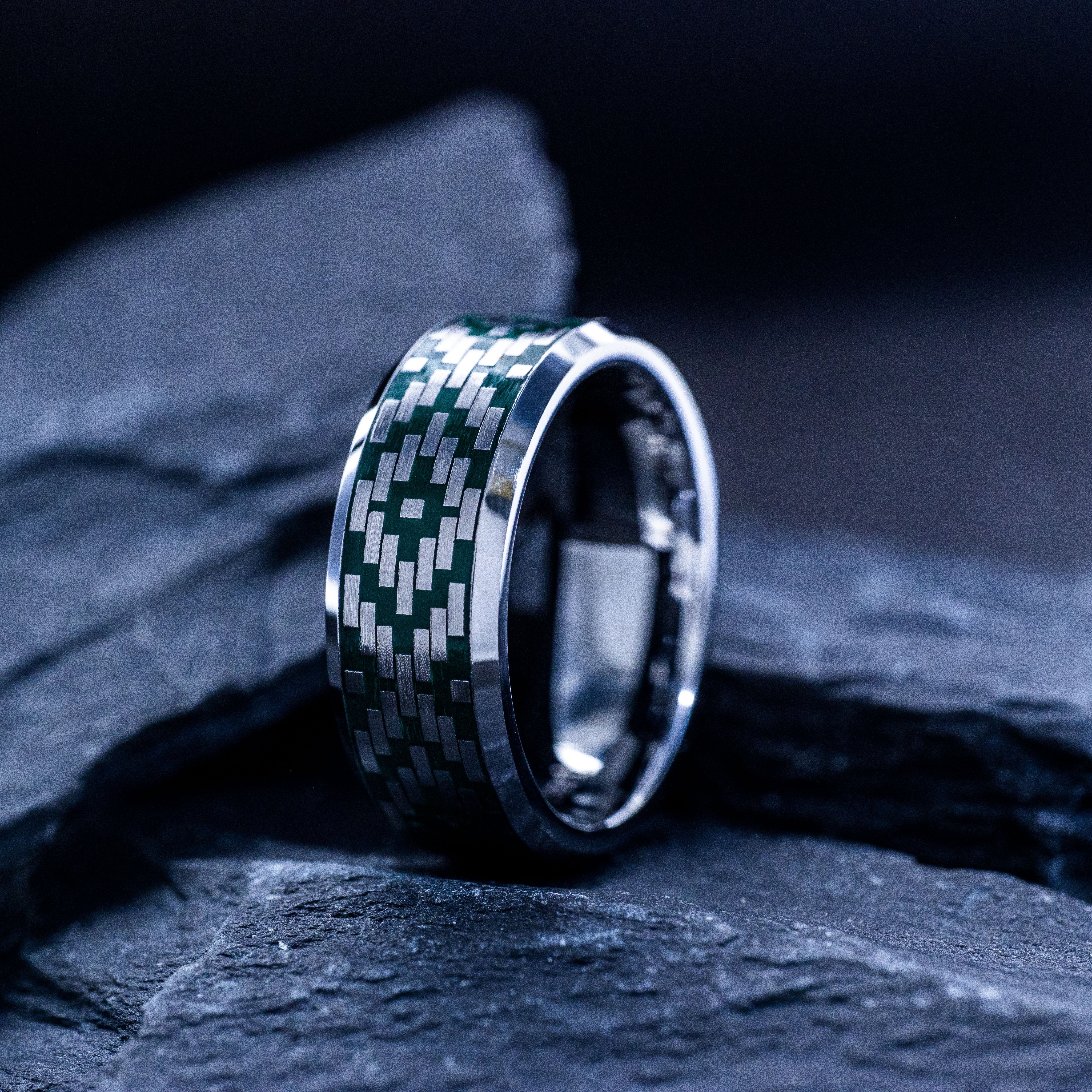 Dark Green Enamel New World Geometric Pattern Tungsten Carbide Ring, 8mm Engraved Tungsten Band