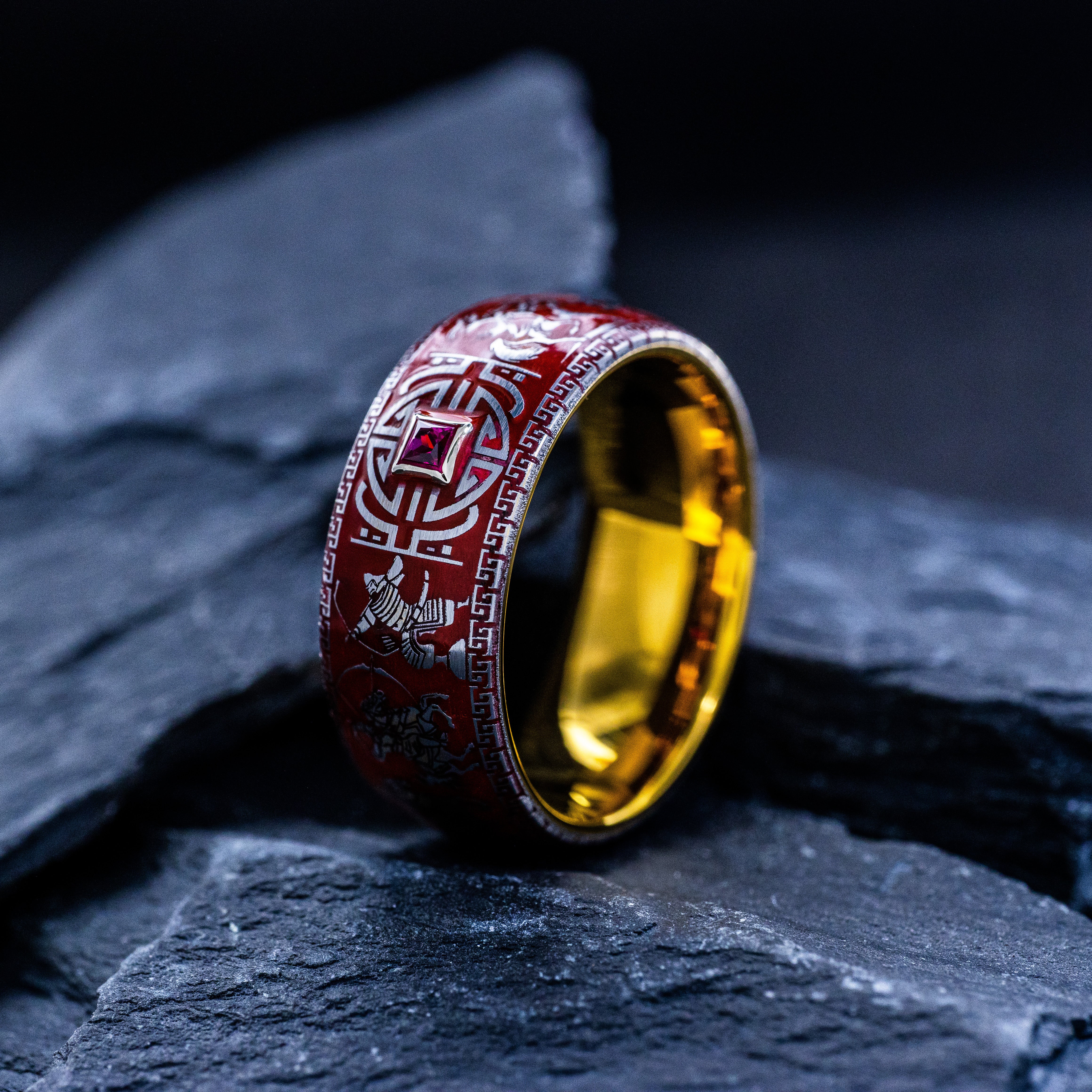 Red Enamel Mongol Warrior Ring, 9mm Rose Gold Plated Band with Gemstone