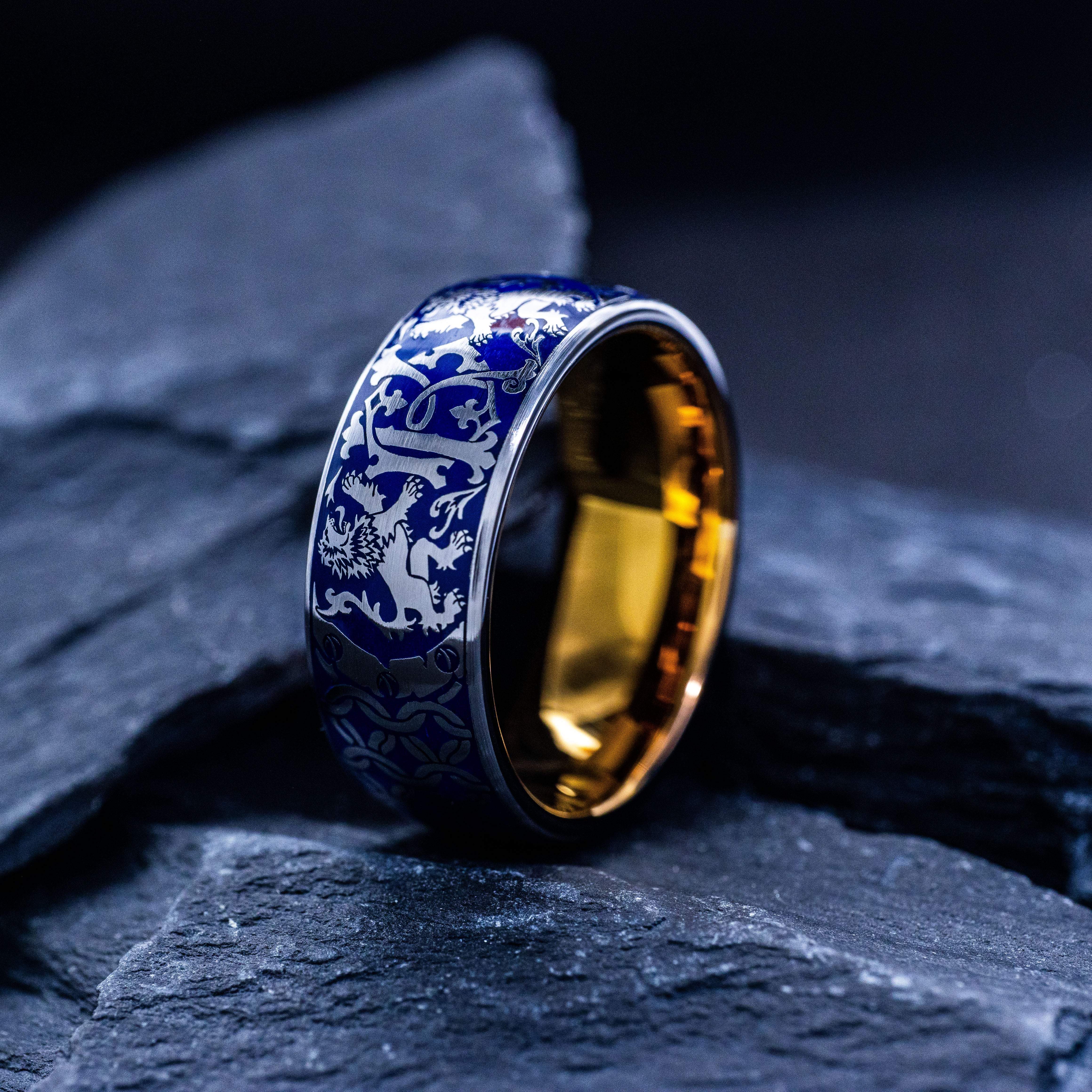 Personalized Monogram and Blue Enamel Ring, 9mm Rose Gold Plated Tungsten Carbide Band with Medieval Heraldic Lions