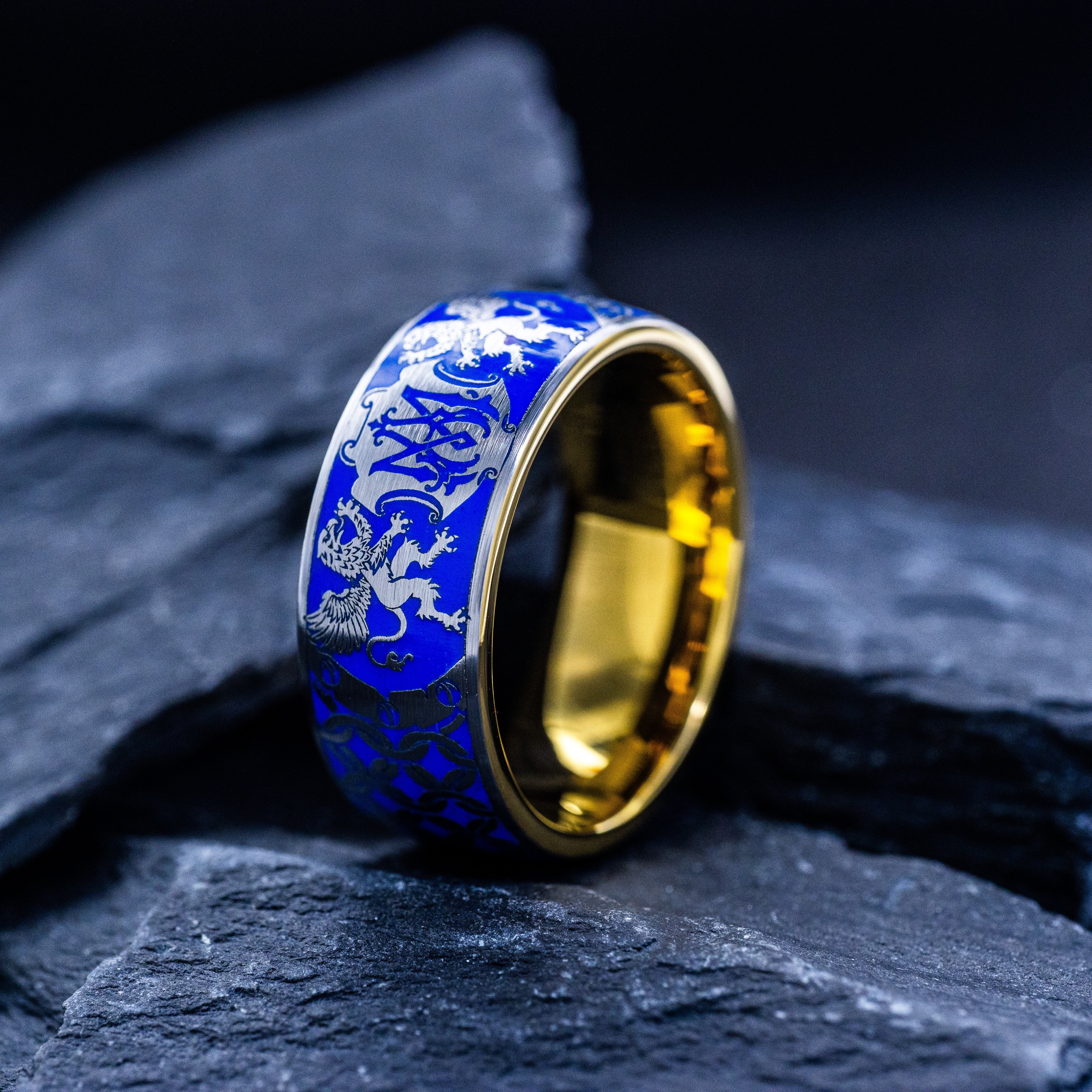 Personalized Monogram with Heraldic Medieval Griffins and Sky Blue Enamel Ring, 9mm Yellow Gold Plated Tungsten Carbide Band