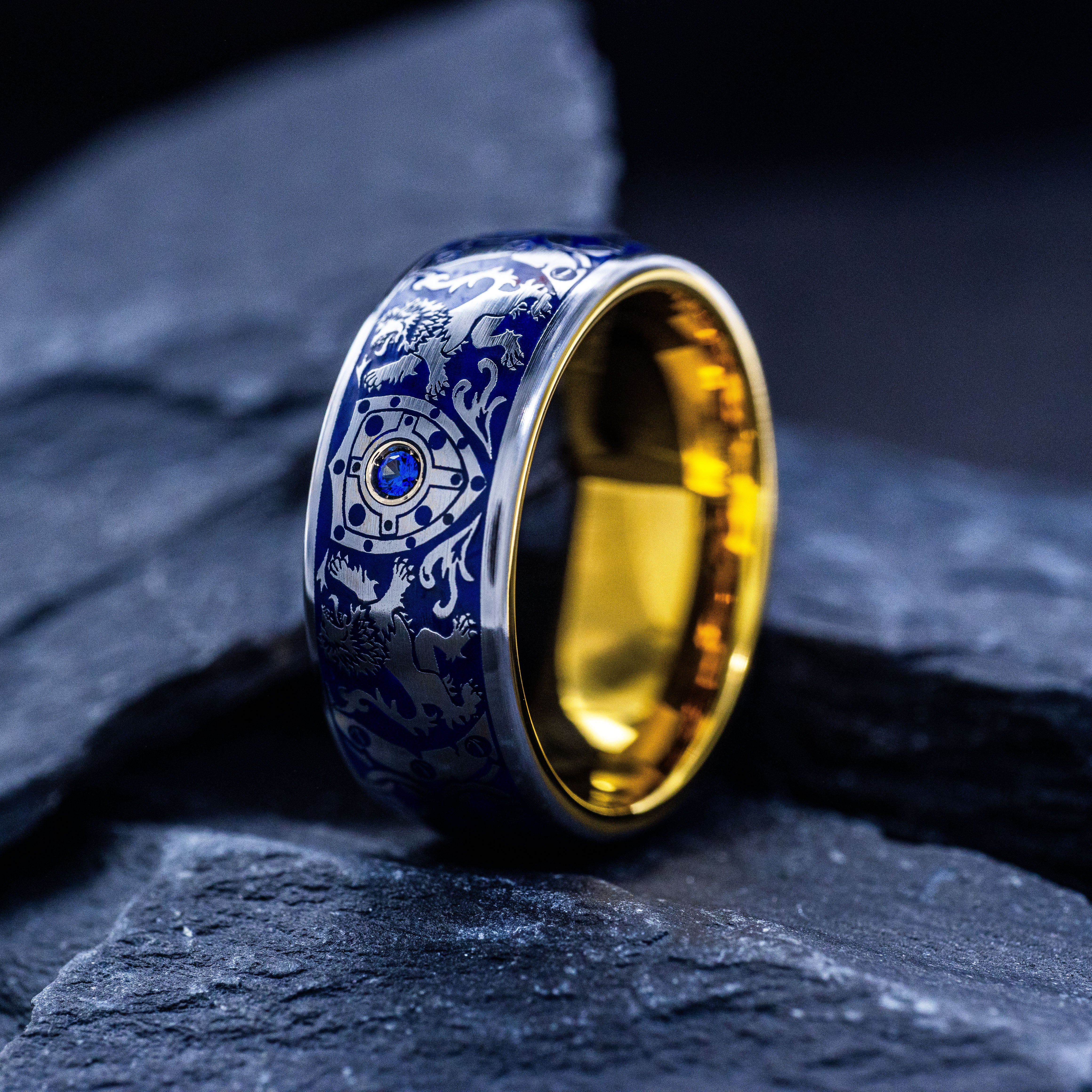 Royal Blue Enamel Ring with Medieval Lions and Shield, 9mm Yellow Gold Plated Band with Gemstone