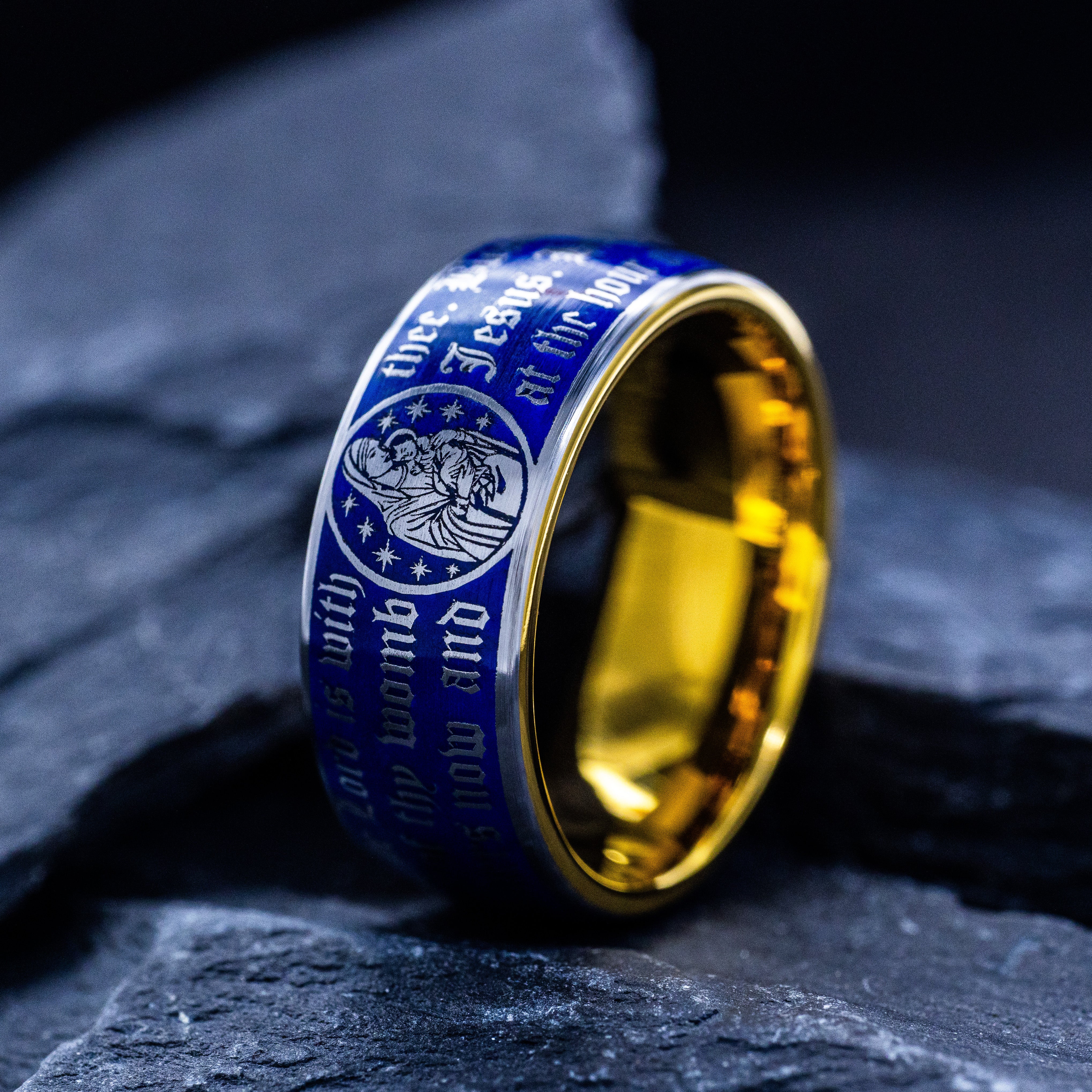 Christian Prayer Blue Enamel Ring, 9mm Yellow Gold Plated Band with the Virgin Mary and Christ