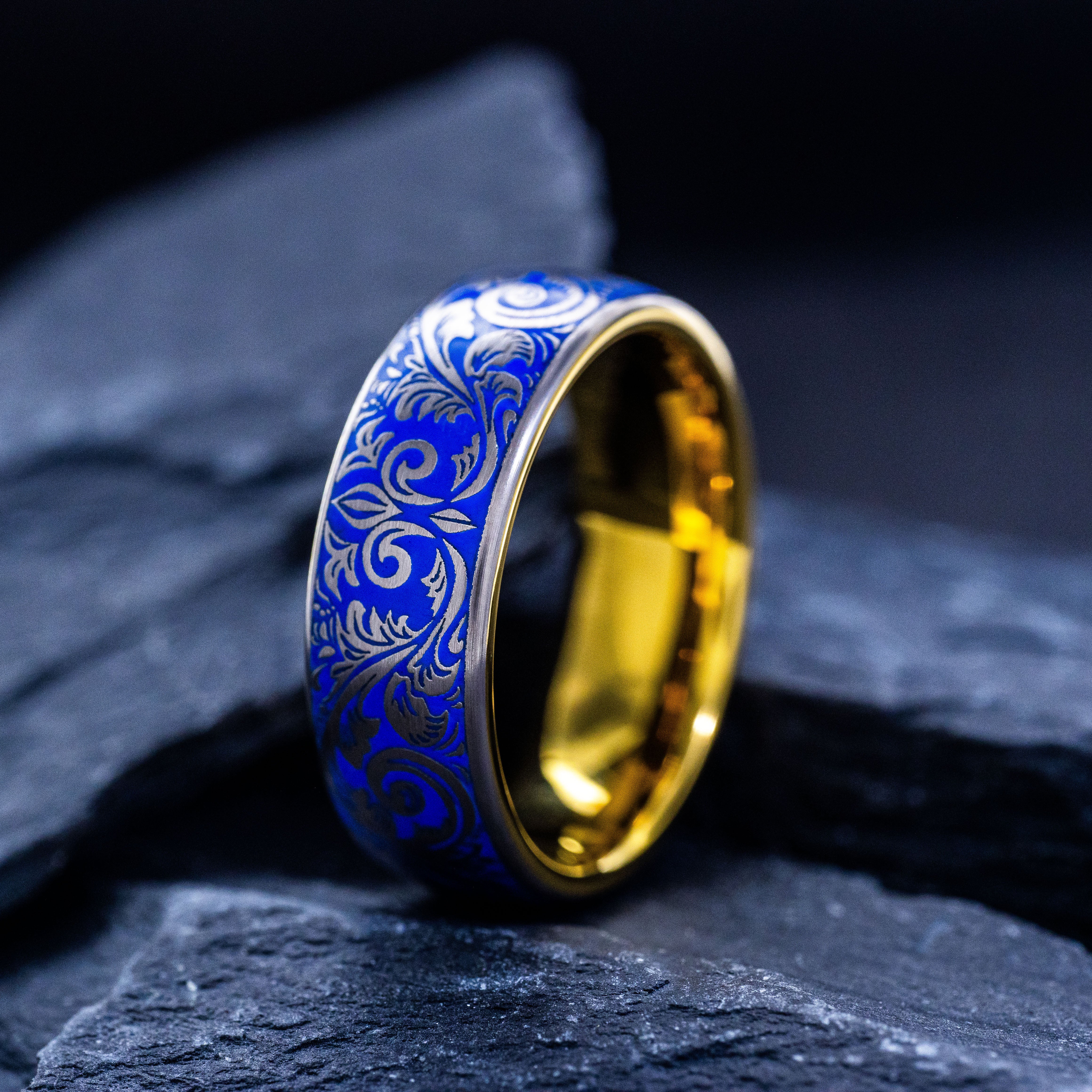 Victorian Fleur De Lis Floral Ring with Blue Enamel, 8mm Tungsten Band with Gold Plating