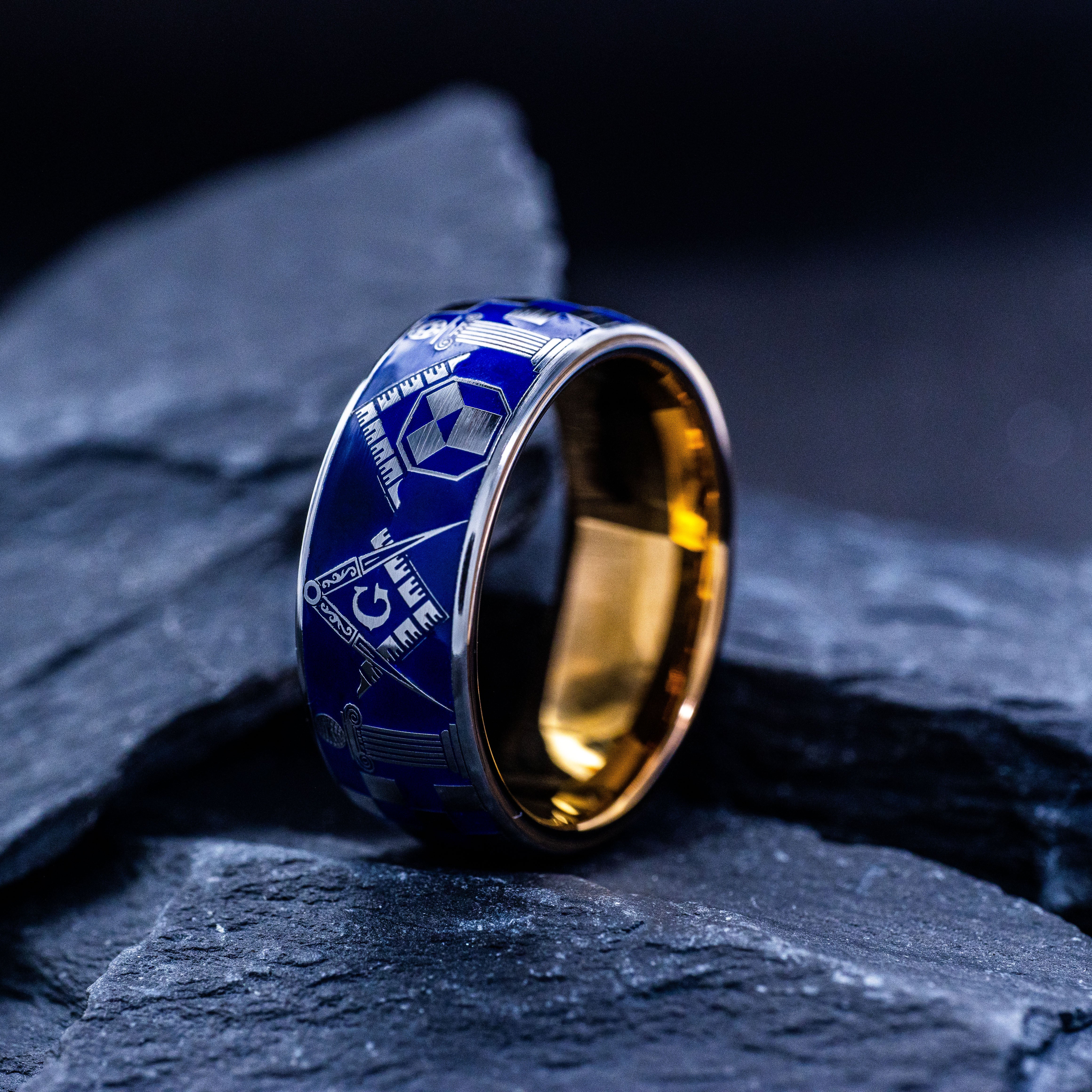 Masonic Blue Enamel Ring with Checkerboard Pattern, 9mm Rose Gold Plated Tungsten Carbide Band