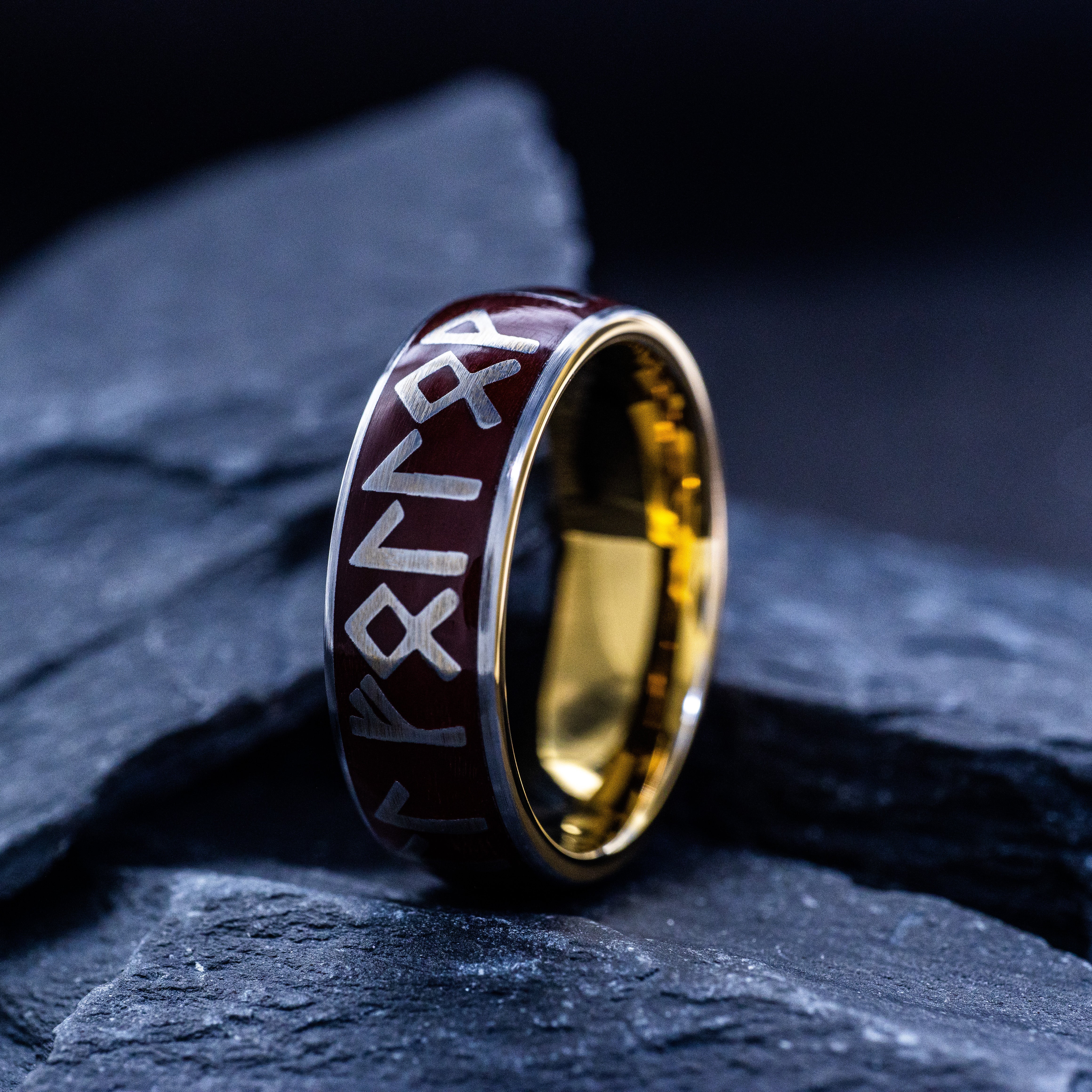 Norse Runes and Red Enamel Tungsten Ring, 8mm Yellow Gold Plated Band
