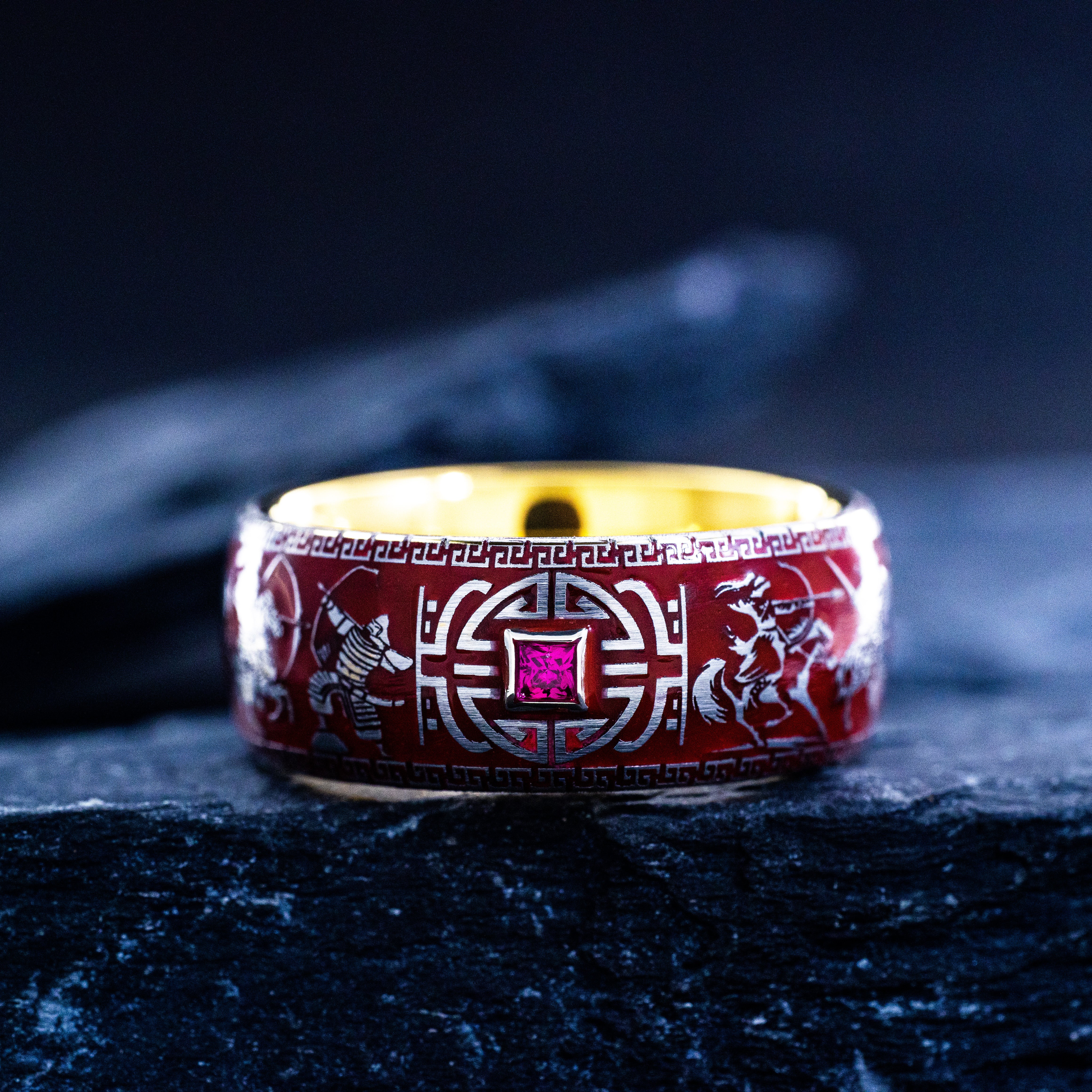 Red Enamel Mongol Warrior Ring, 9mm Rose Gold Plated Band with Gemstone