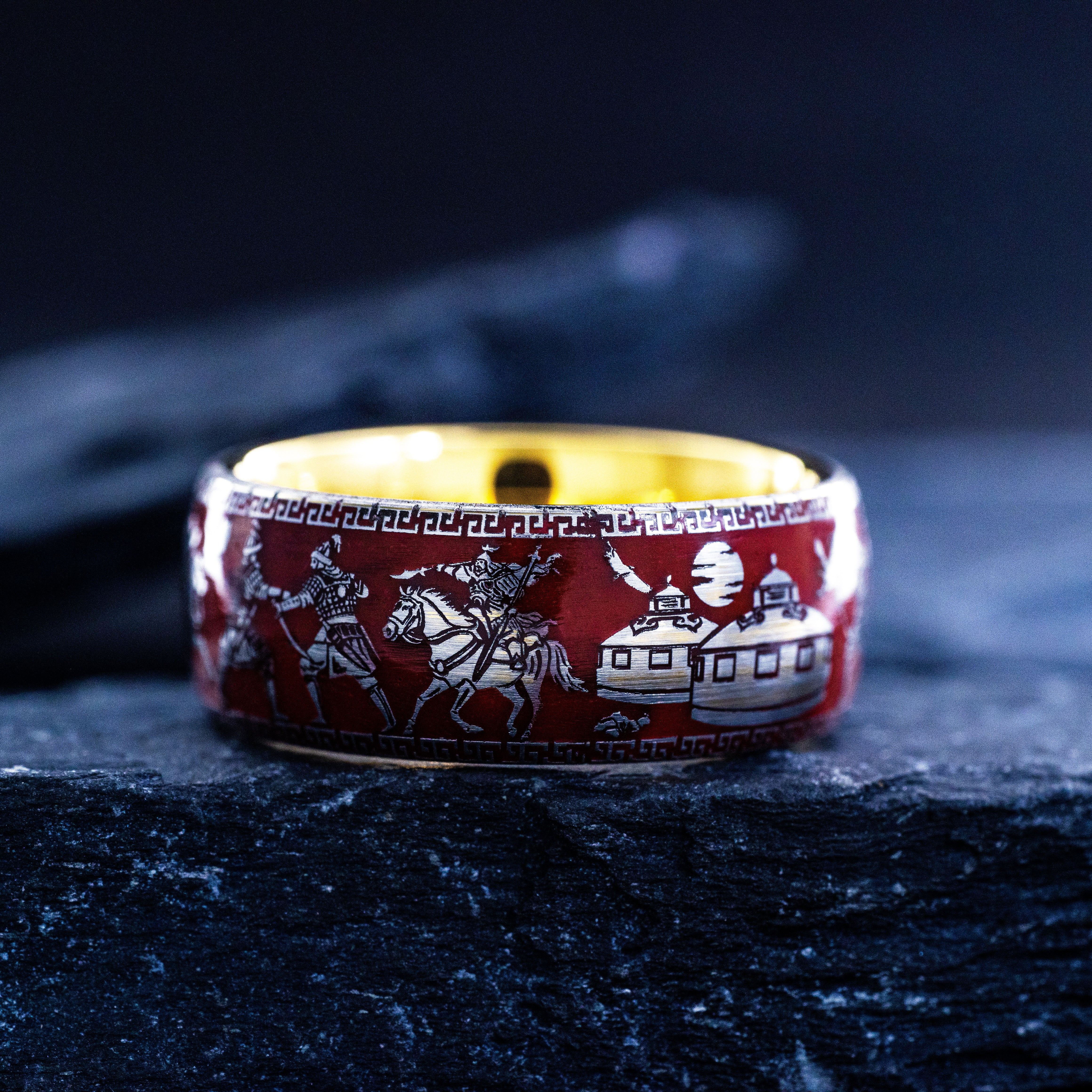 Red Enamel Mongol Warrior Ring, 9mm Rose Gold Plated Band with Gemstone