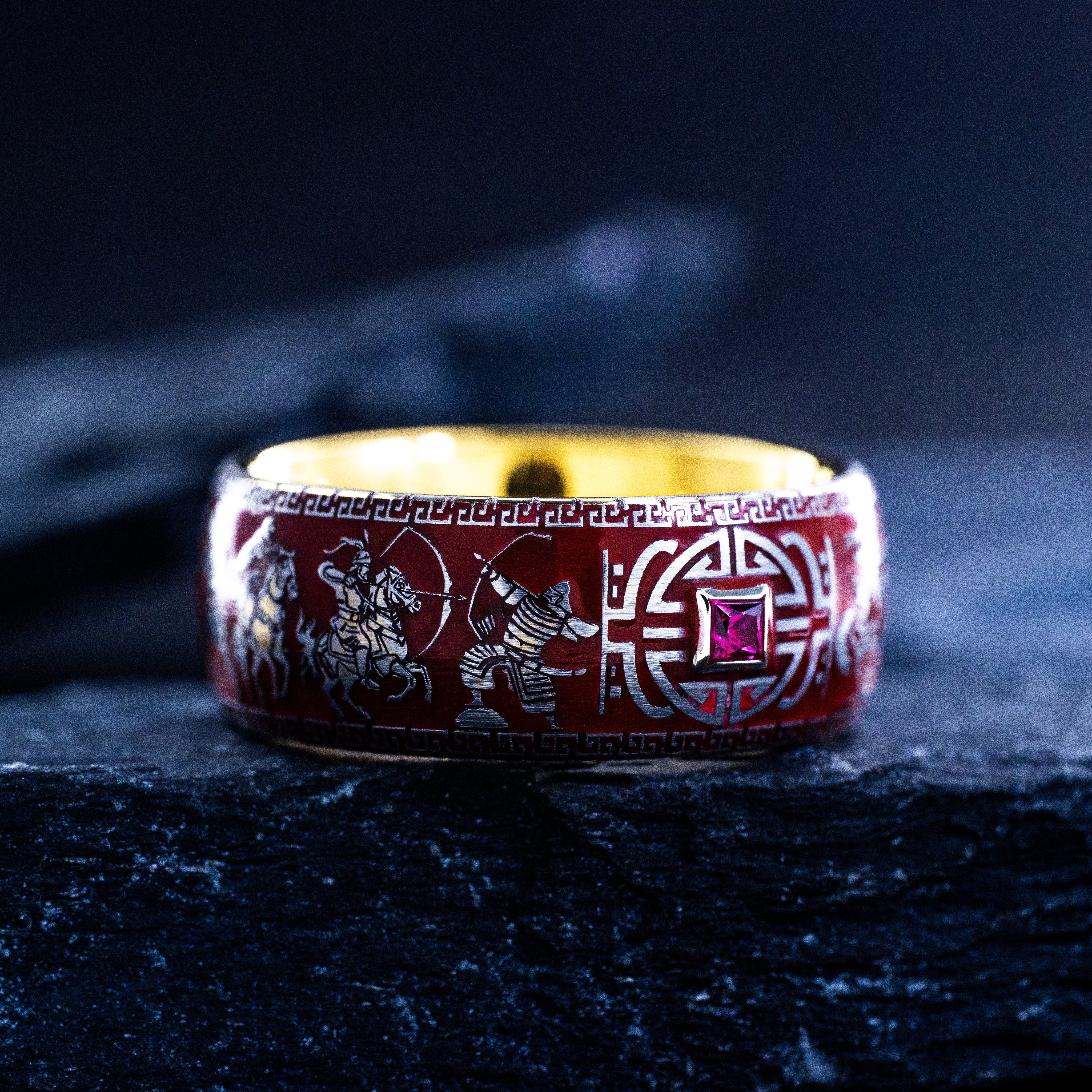 Red Enamel Mongol Warrior Ring, 9mm Rose Gold Plated Band with Gemstone