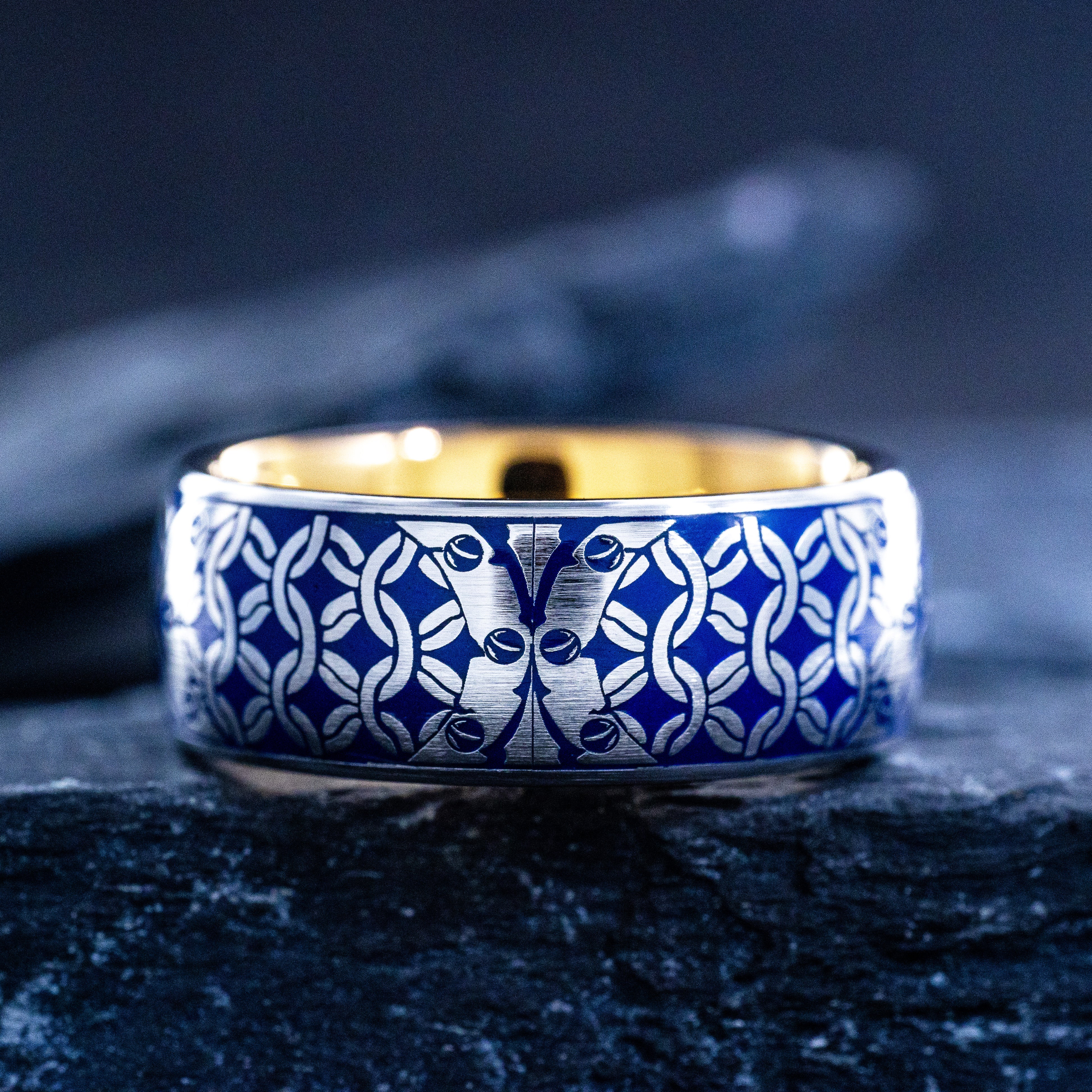 Personalized Monogram and Blue Enamel Ring, 9mm Rose Gold Plated Tungsten Carbide Band with Medieval Heraldic Lions