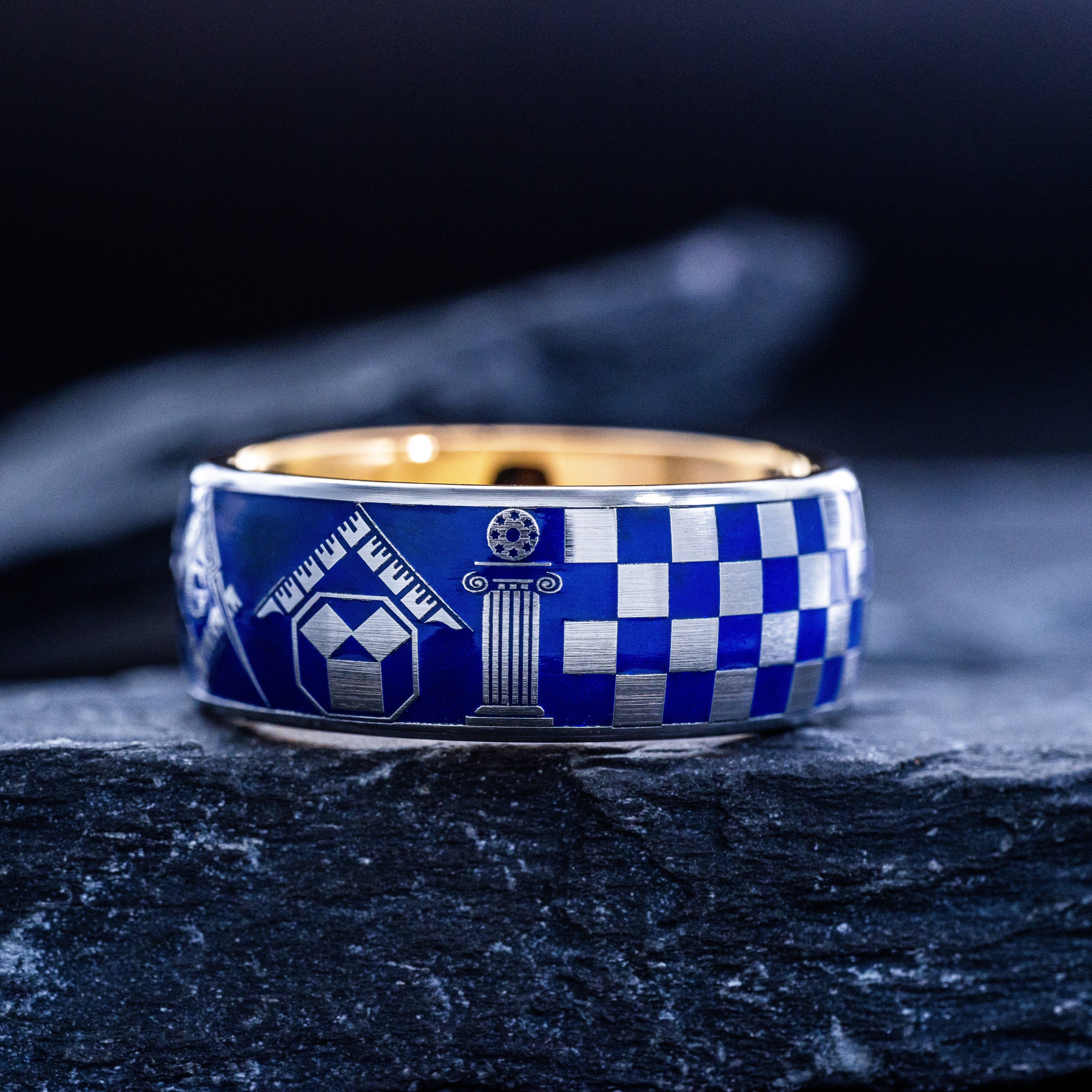 Masonic Blue Enamel Ring with Checkerboard Pattern, 9mm Rose Gold Plated Tungsten Carbide Band