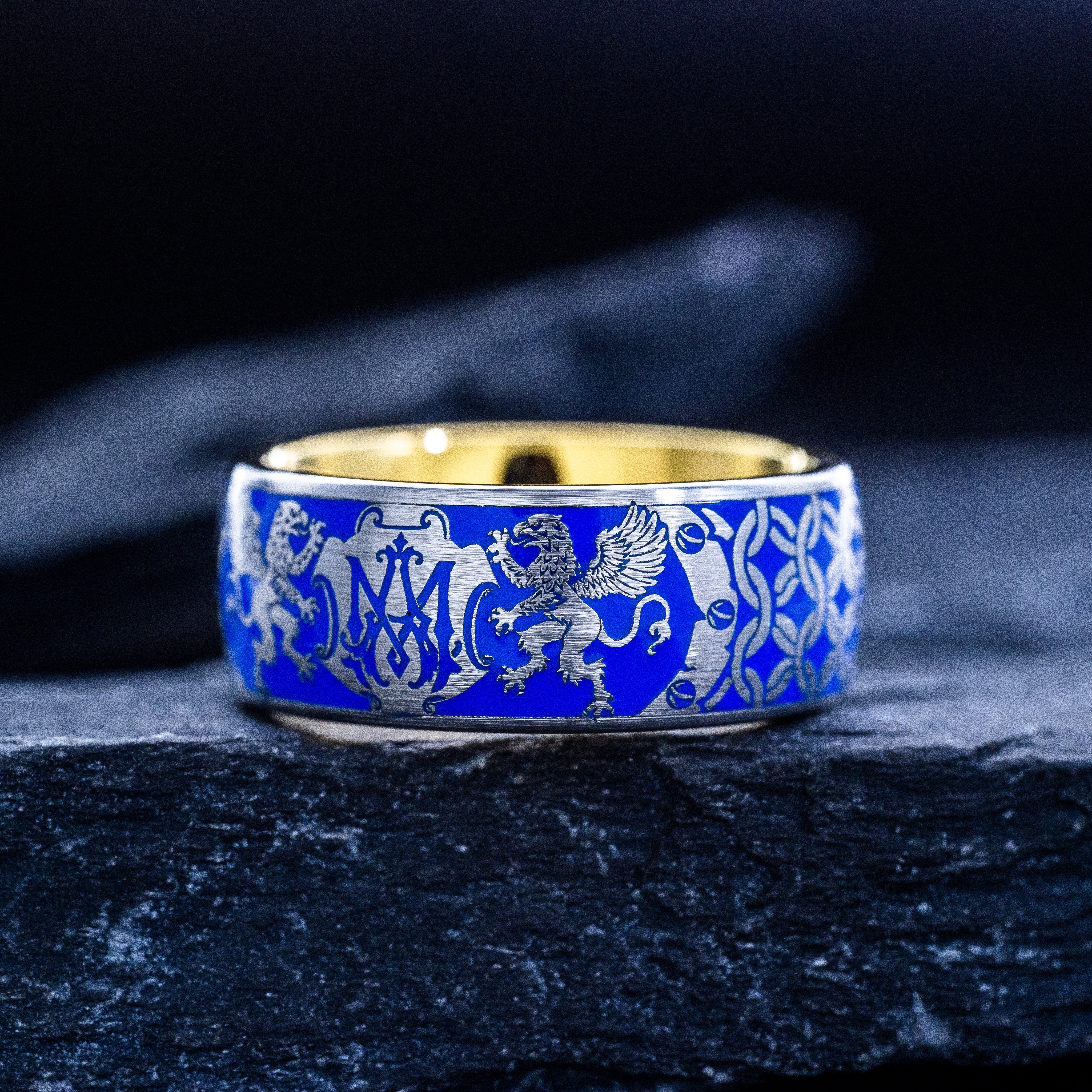 Personalized Monogram with Heraldic Medieval Griffins and Sky Blue Enamel Ring, 9mm Yellow Gold Plated Tungsten Carbide Band