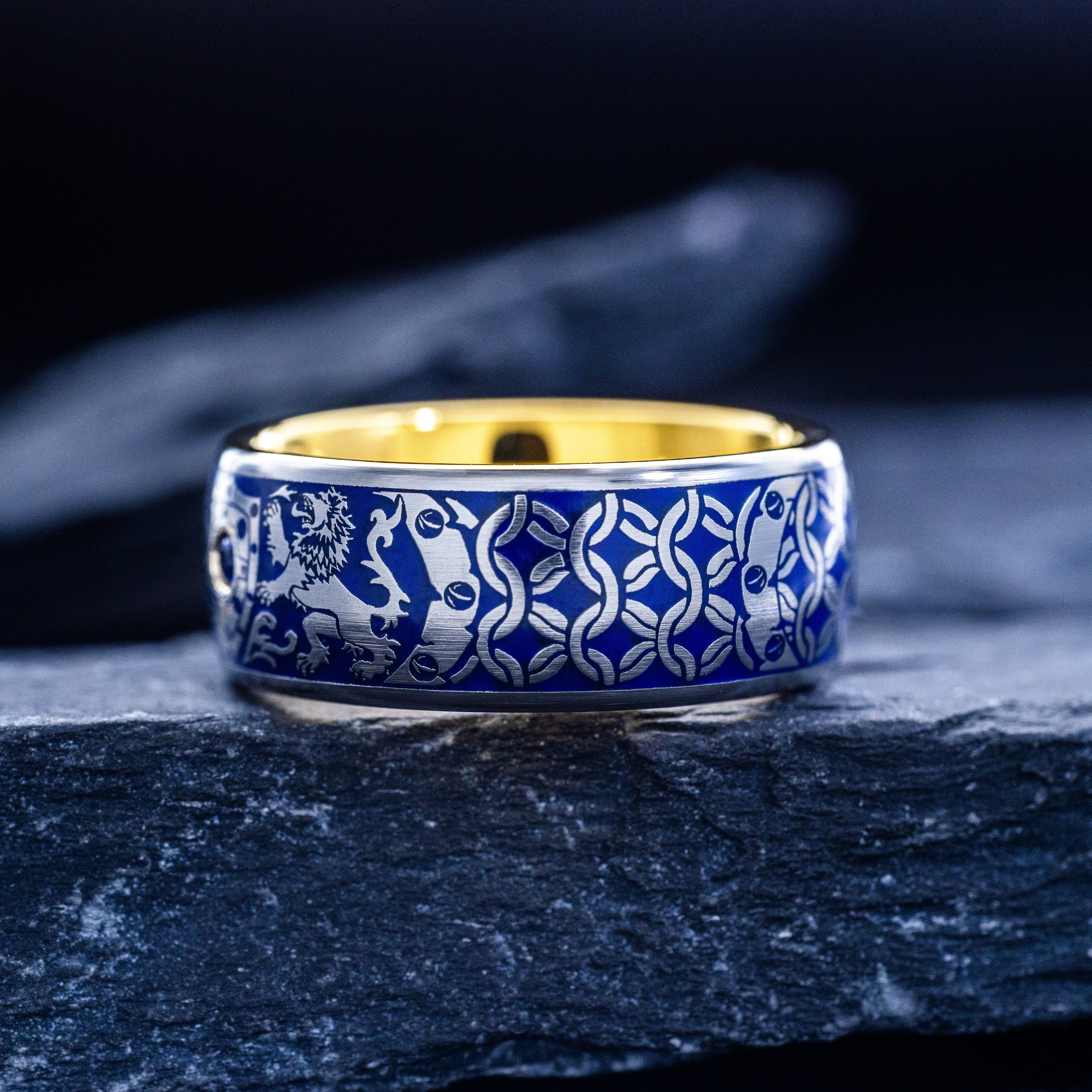 Royal Blue Enamel Ring with Medieval Lions and Shield, 9mm Yellow Gold Plated Band with Gemstone
