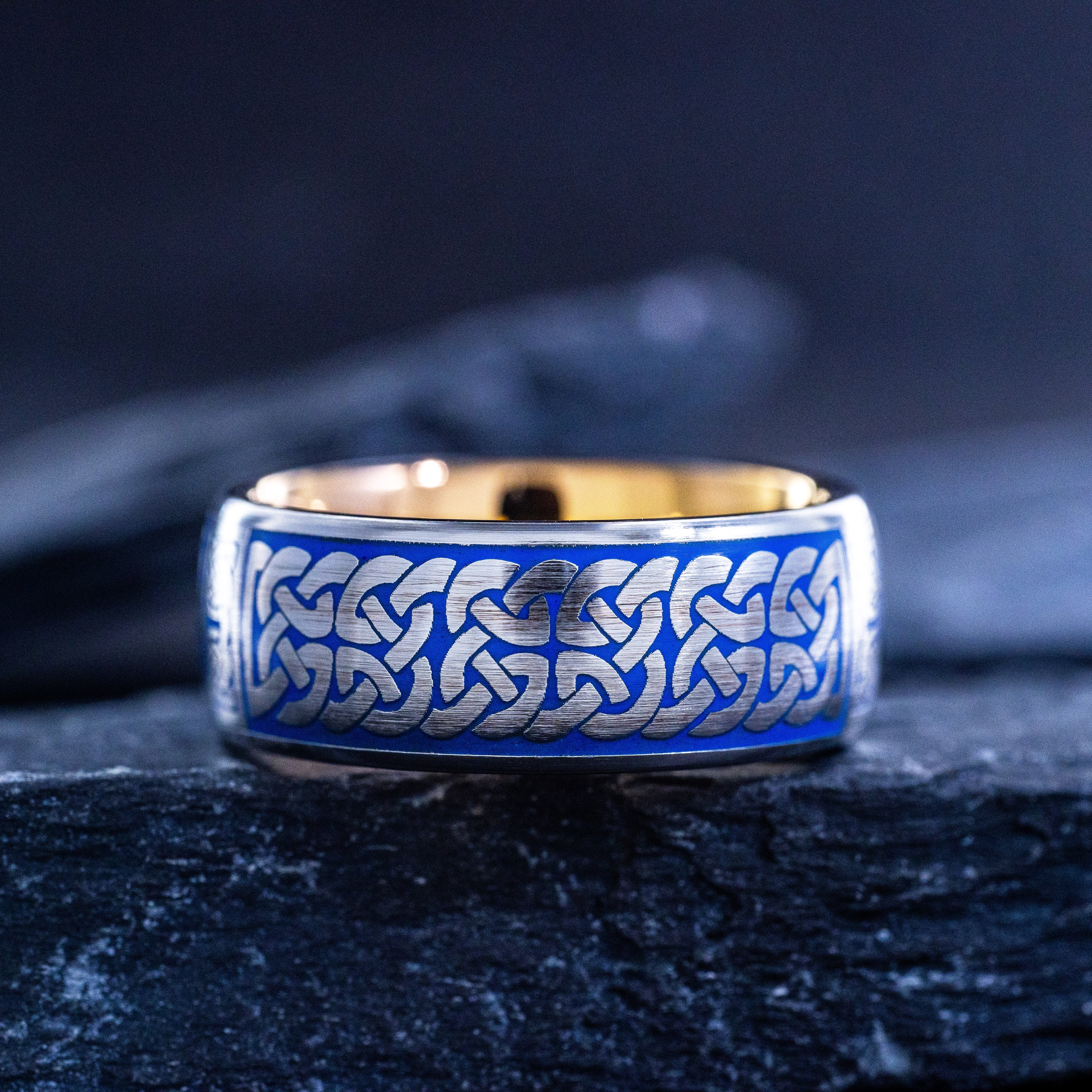 Celtic Cross and Knot Blue Enamel Tungsten Carbide Ring, 9mm Rose Gold Plated Band