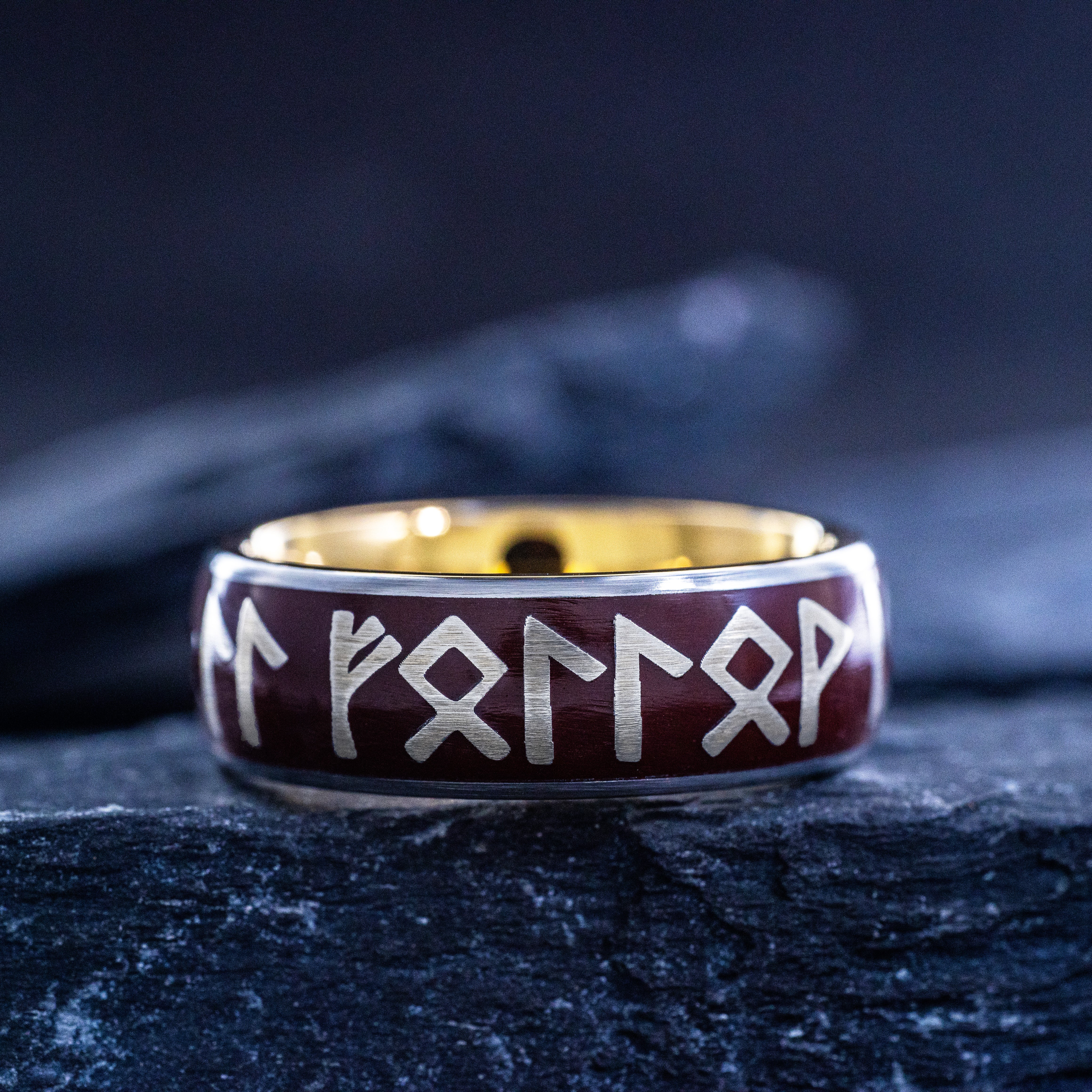 Norse Runes and Red Enamel Tungsten Ring, 8mm Yellow Gold Plated Band