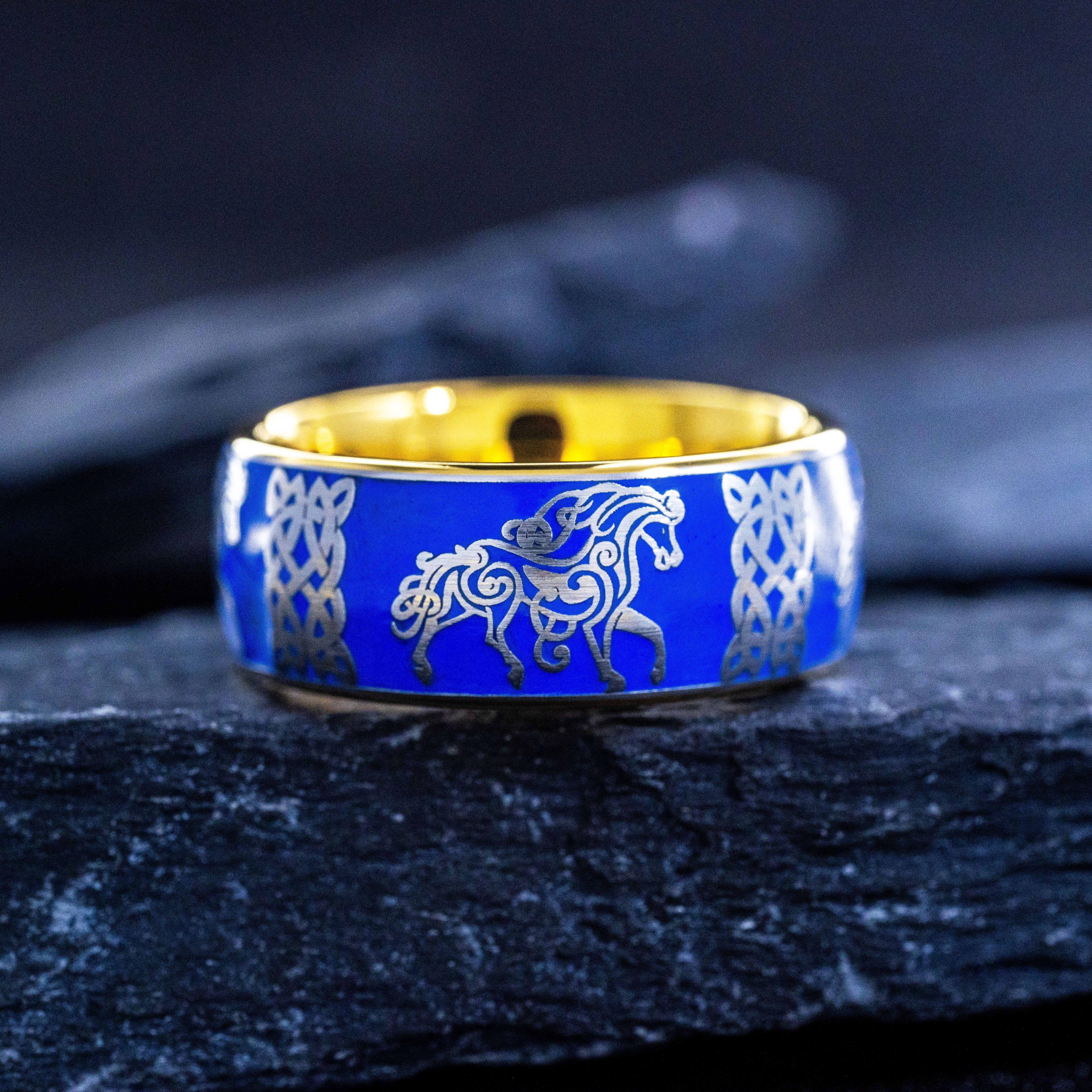 Galloping Horse and Celtic Knot with Blue Enamel Tungsten Carbide Ring, 9mm Yellow Gold Plated Band