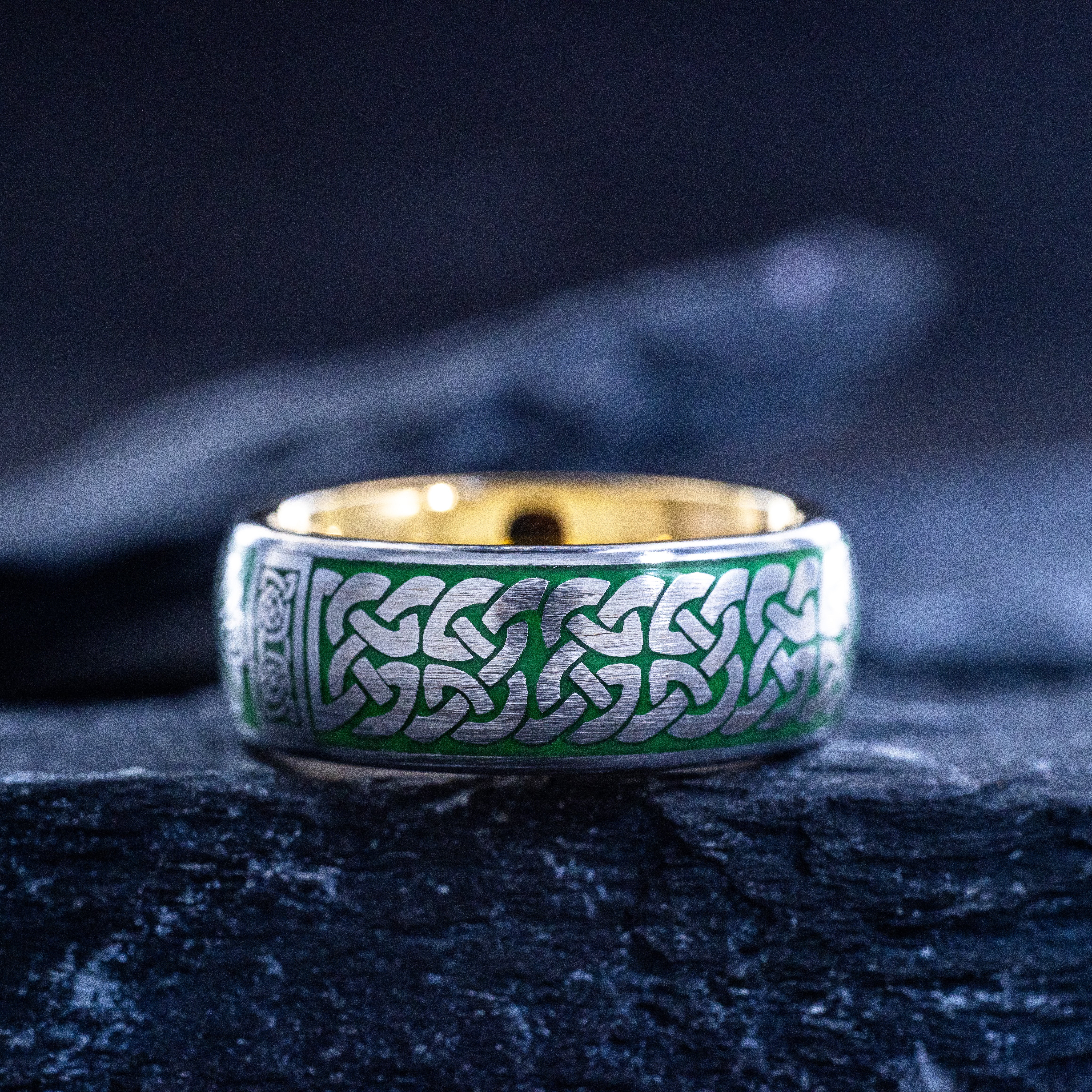Green Enamel Celtic Cross and Knot Tungsten Ring, 8mm Rose Gold Plated Band