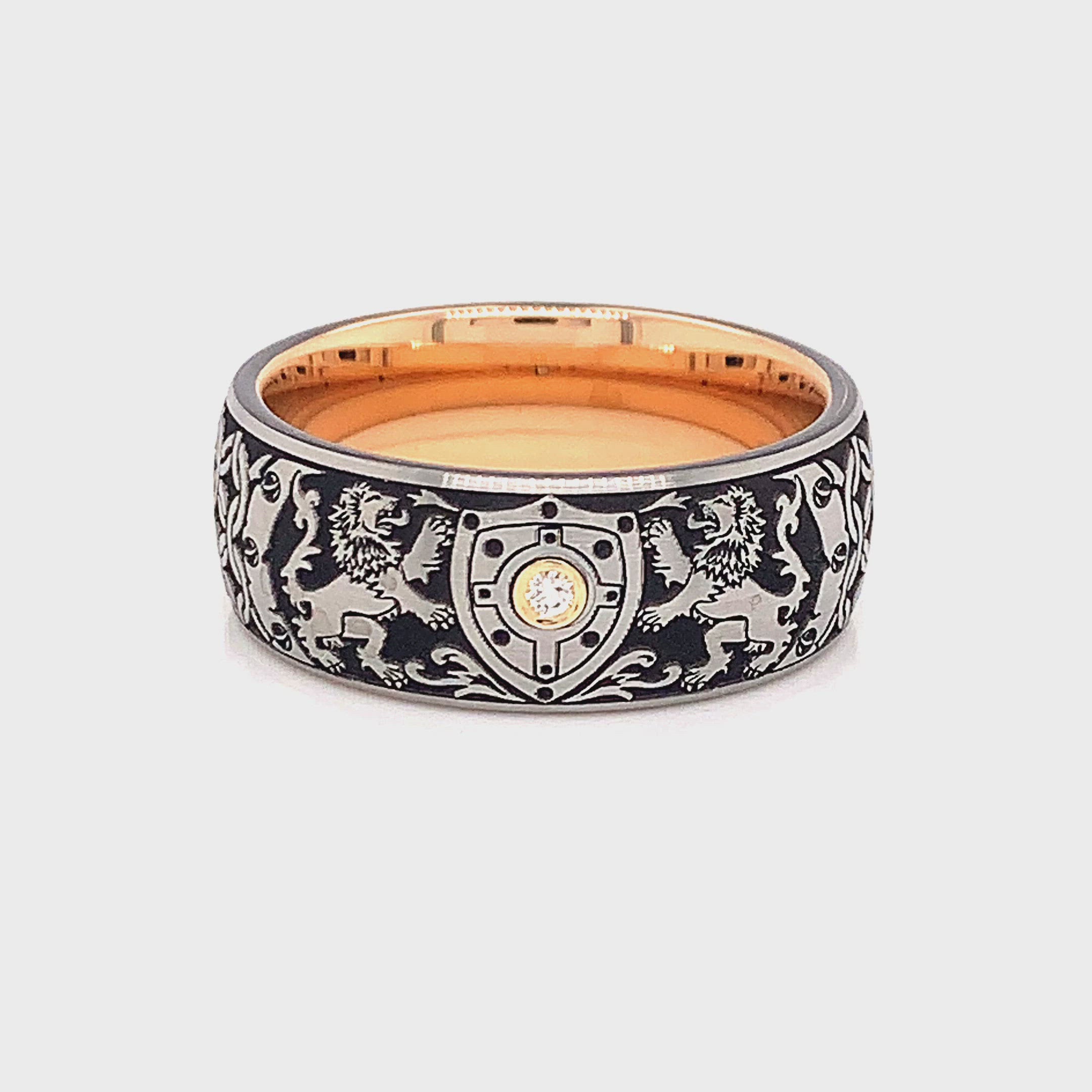 ring, ring on white background, mens ring, womens ring, medieval ring, tungsten ring, unisex ring, engraved ring, custom ring, diamond ring, diamond wedding band, diamond tungsten ring, rose gold plated interior, brushed exterior