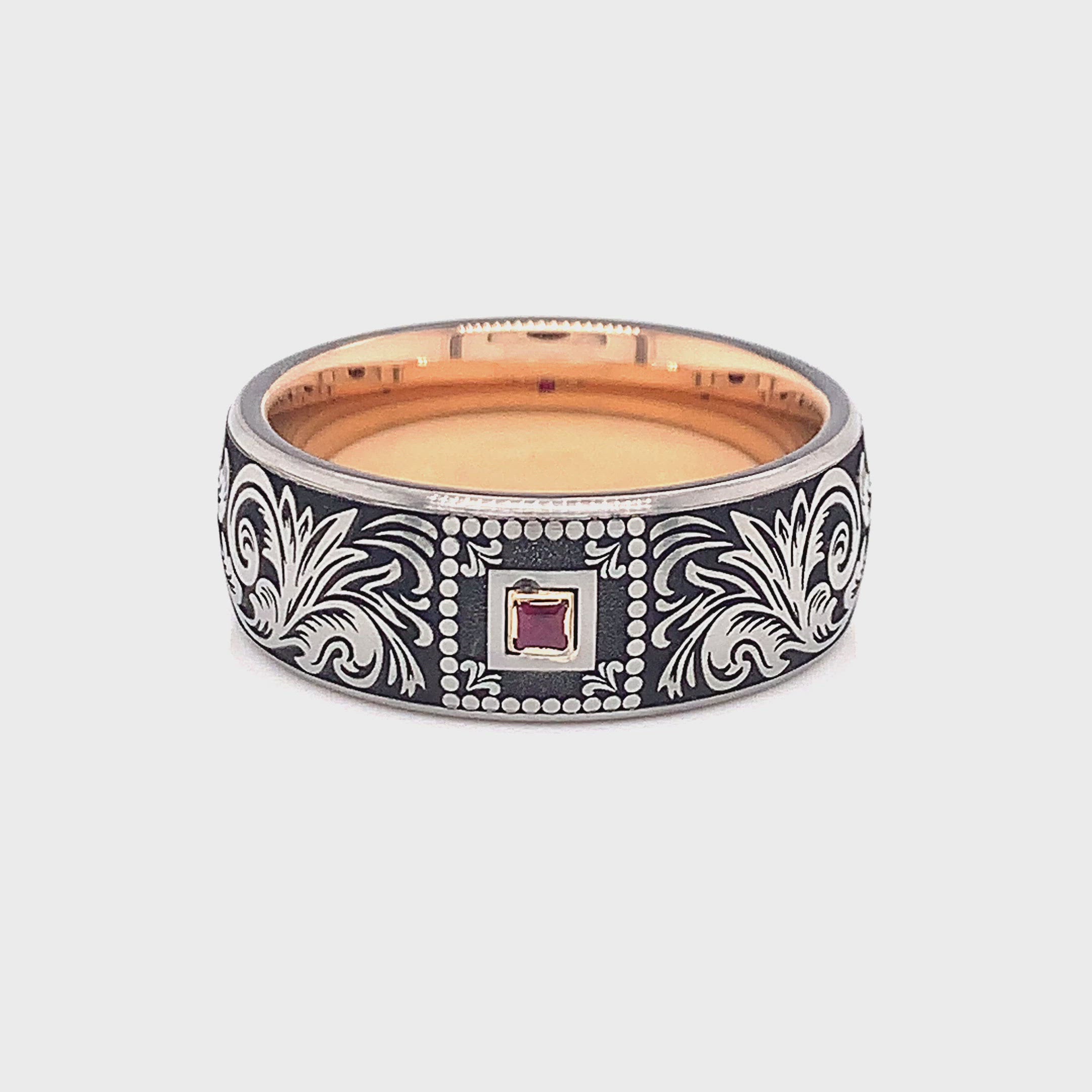 ring, ring with white background,tungsten ring, mens tungsten ring, women's tungsten ring, ring with garnet, garnet wedding band, gemstone ring, 8mm ring, 8mm tungsten ring, rose gold plated ring