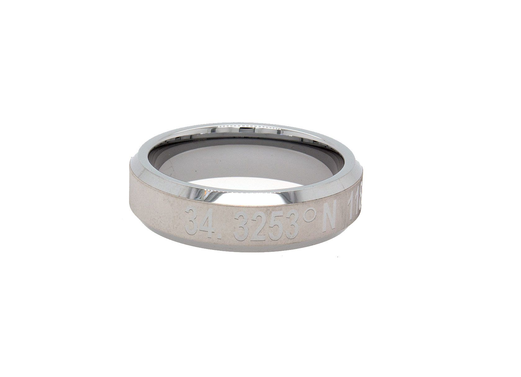 ring, ring on white background, ring with coordinates, silver color ring, coordinate ring, mens wedding band, women's wedding band, flat shaped ring, tungsten ring, engraved ring, custom ring