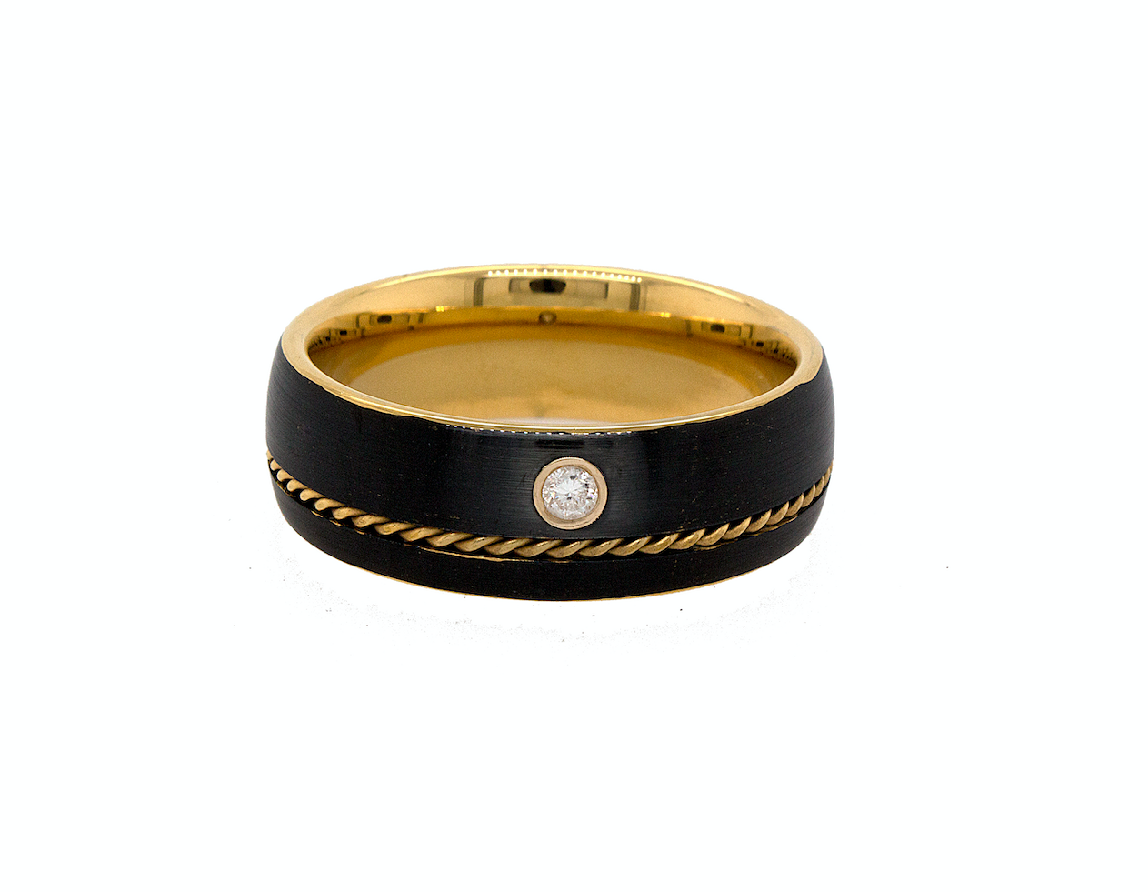 ring, ring on white background, tungsten, tungsten ring, wedding band, mens rings, wedding band, tungsten wedding band, black ring, yellow gold plated ring, ring with diamond, diamond wedding band, round shaped diamond, twisted rope inlay