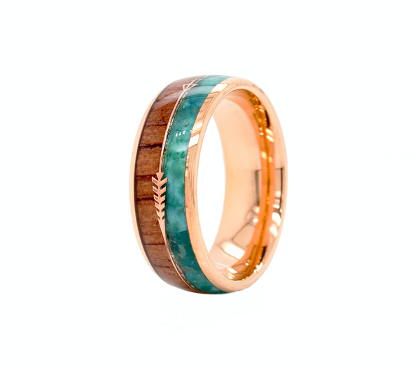 ring, ring on white background, rose gold plated ring, tungsten ring, wooden ring, green malachite ring, ring with rose gold arrow, wedding band, mens wedding band, women's wedding band