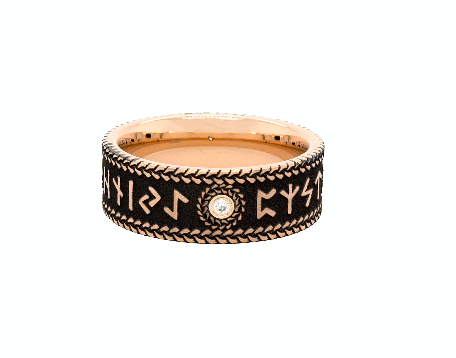 ring, ring on white background, tungsten ring, rose gold plated ring, runic ring, diamond ring, round shaped diamond, runes, nordic runes, personalized ring, custom made ring