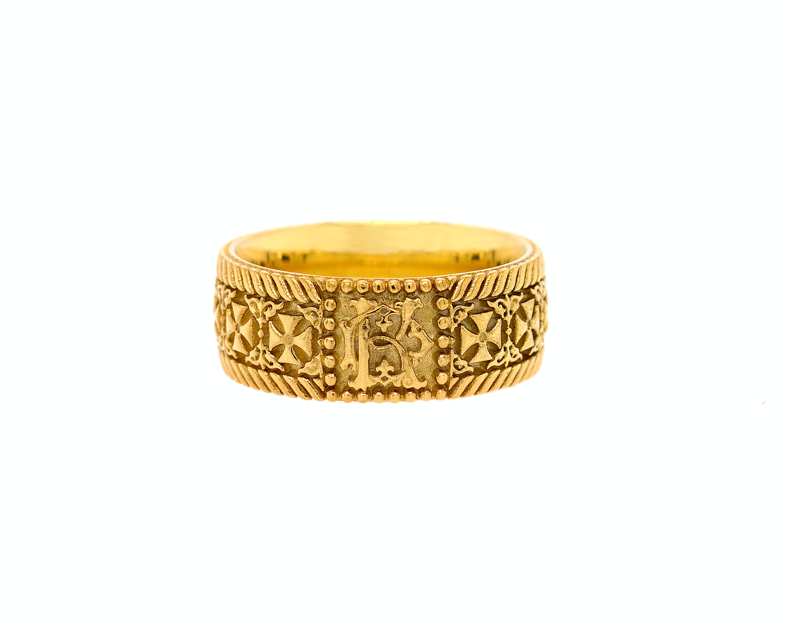 ring, ring on white background, gold ring, yellow gold ring, solid gold ring, mens ring, women's ring, solid gold wedding band. ring with celtic cross, cross ring, monogram ring, personalized monogram ring, initial ring