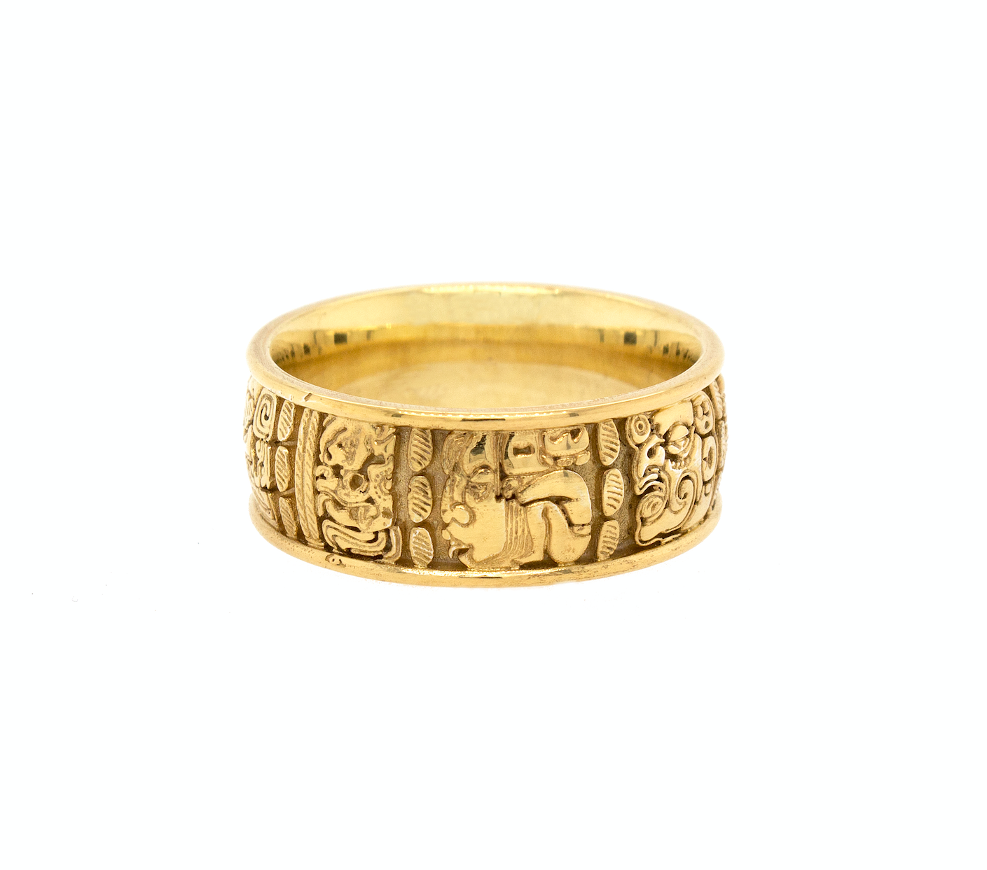ring, ring on white background, mens ring, womens ring, wedding band, solid gold ring, gold wedding band, mayan ring, ring with mayan symbols, engraved ring, custom ring, unique ring, historical ring