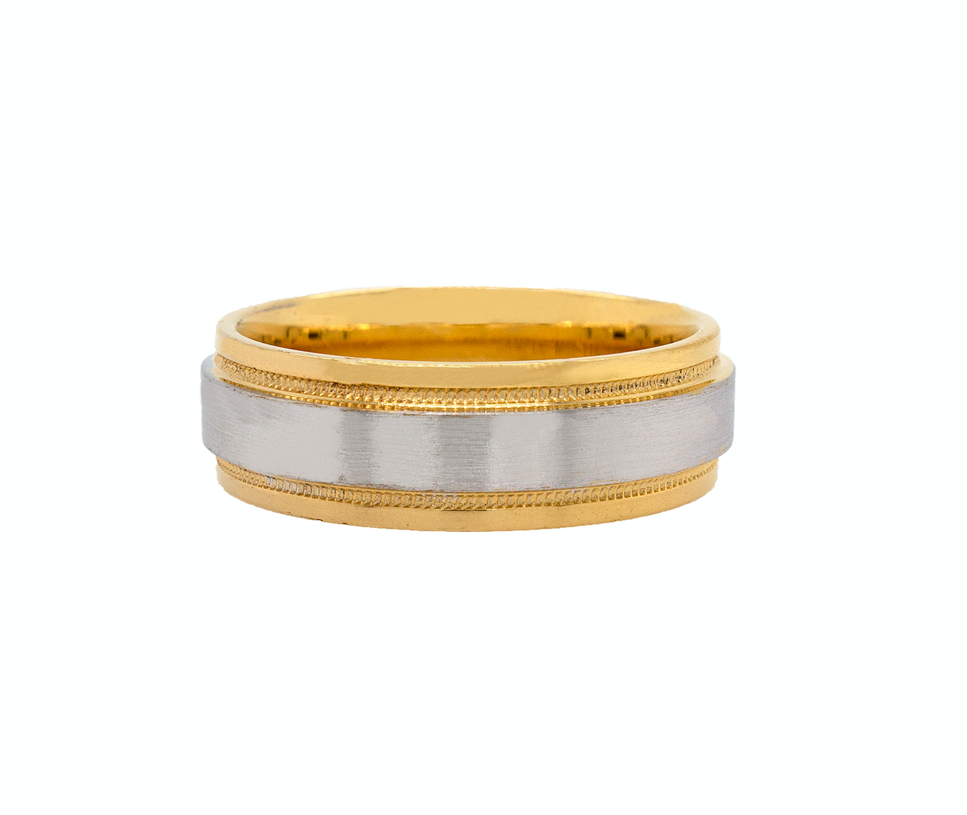 ring, ring on white background, mens rings, womens ring, unisex ring, two toned ring, yellow gold and white gold ring, brushed center, polished edges and interior, migrain engraving, stepped edges, wedding band, mens wedding band, womens wedding band, minimalist ring