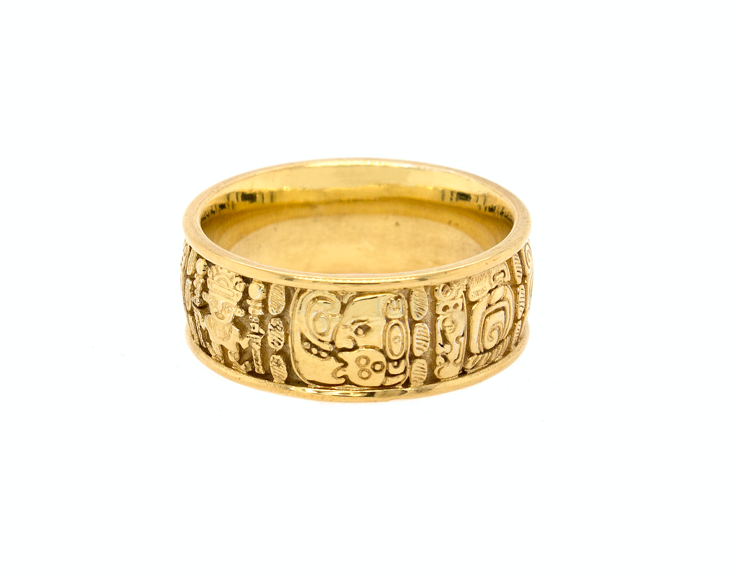 ring, ring on white background, mens ring, womens ring, wedding band, solid gold ring, gold wedding band, mayan ring, ring with mayan symbols, engraved ring, custom ring, unique ring, historical ring