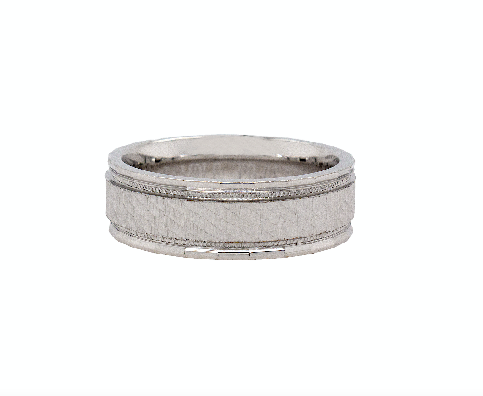 ring, ring on white background, 8mm ring, flat shaped ring, solid gold ring, white gold ring, mens wedding band, womens wedding band, unisex ring, shimmery pattern, milgrain engraving, unisex ring, stackable ring