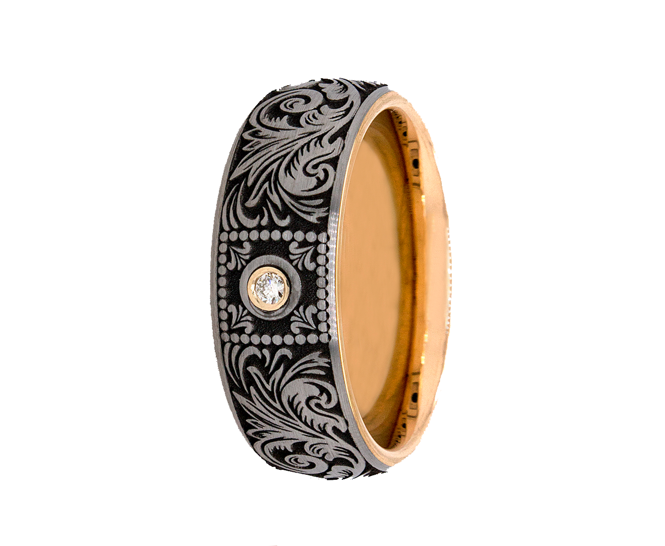 ring, ring with white background, tungsten ring, diamond ring, rose gold plated ring, victorian ring, engraved ring, custom wedding band, diamond wedding ban, round cut diamond, 8mm, 8mm tungsten  Edit alt text