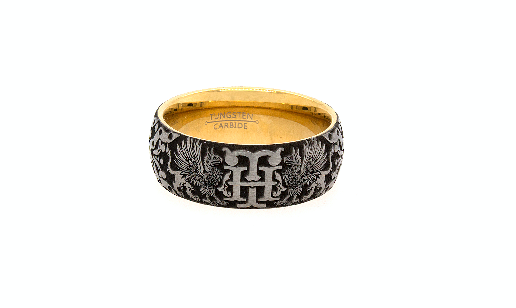 ring, ring with white background, ring with yellow gold background, ring with initials, ring with personalized initials, ring with eagles, medieval designs, ring with medieval inspired engravings, yellow gold plated tungsten, mens wedding band, women's wedding band