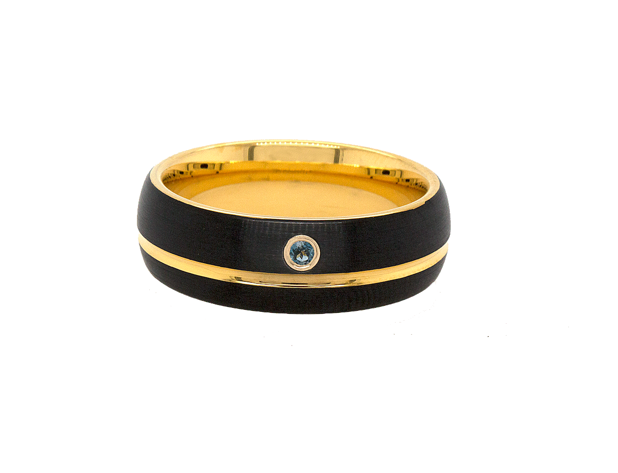 ring, ring on white background, tungsten ring, dome shaped ring, black ring, yellow gold ring, grooved ring, ring with gemstone, gemstone, aquamarine, wedding band, mens rings, women's rings